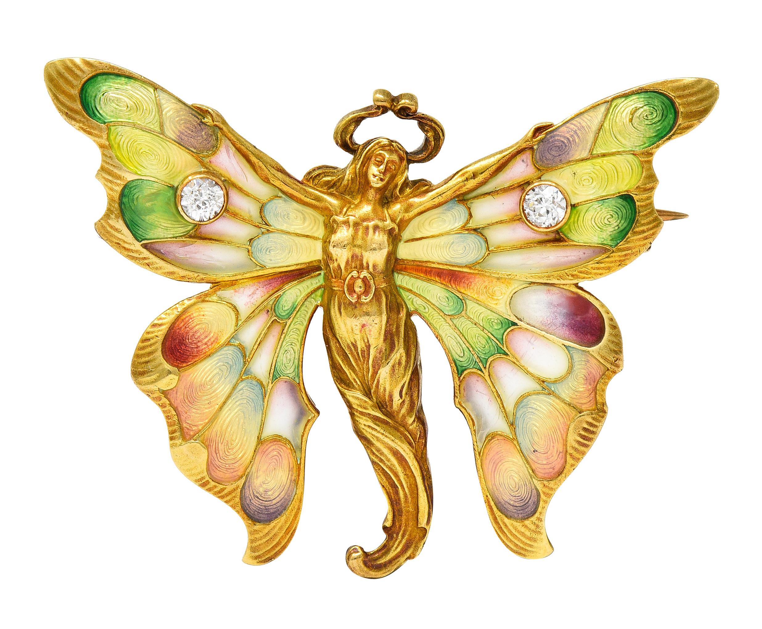 Women's or Men's Whiteside & Blank Art Nouveau Enamel Diamond 18 Karat Yellow Gold Fairy Brooch For Sale