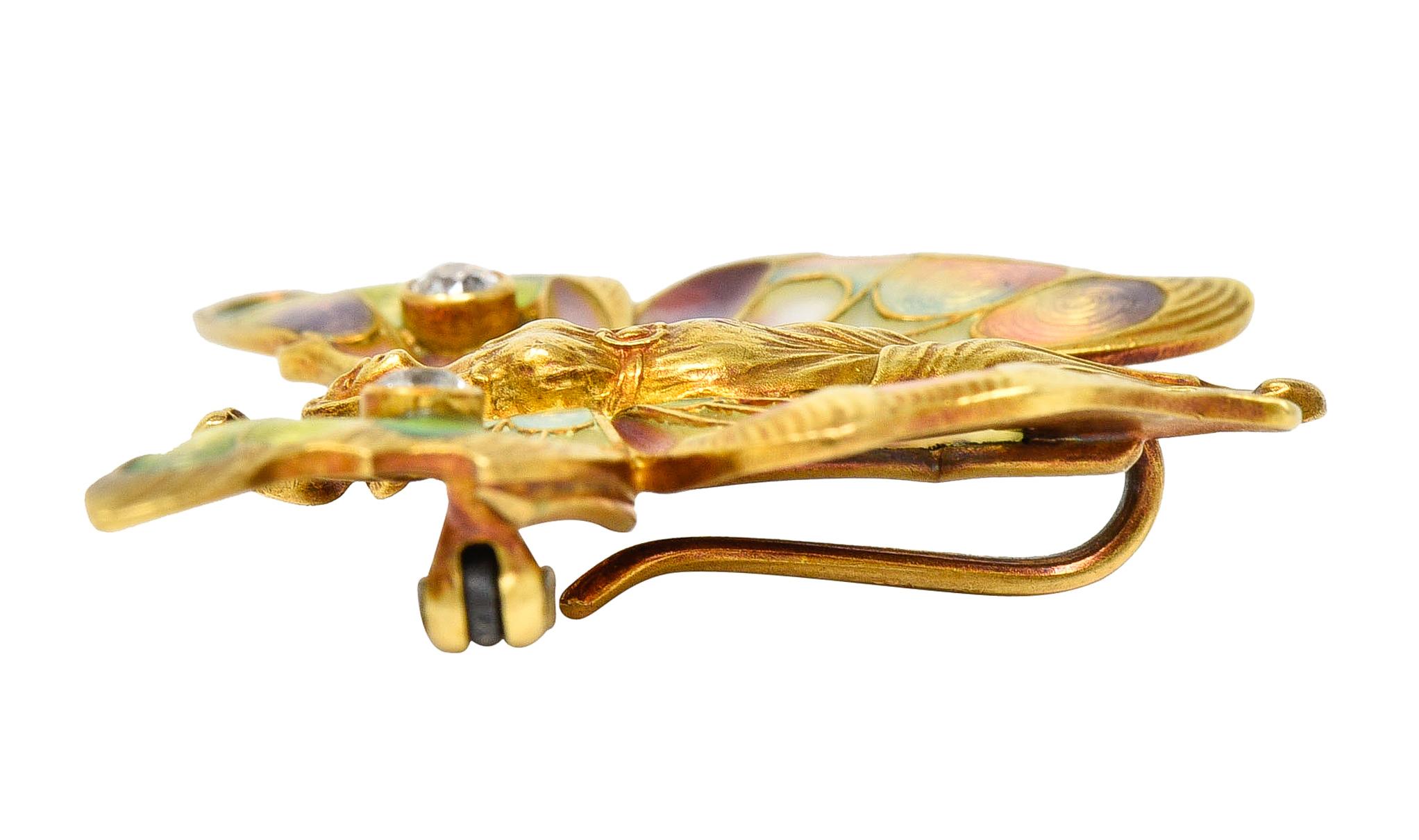 Whiteside & Blank Art Nouveau Enamel Diamond 18 Karat Yellow Gold Fairy Brooch For Sale 1