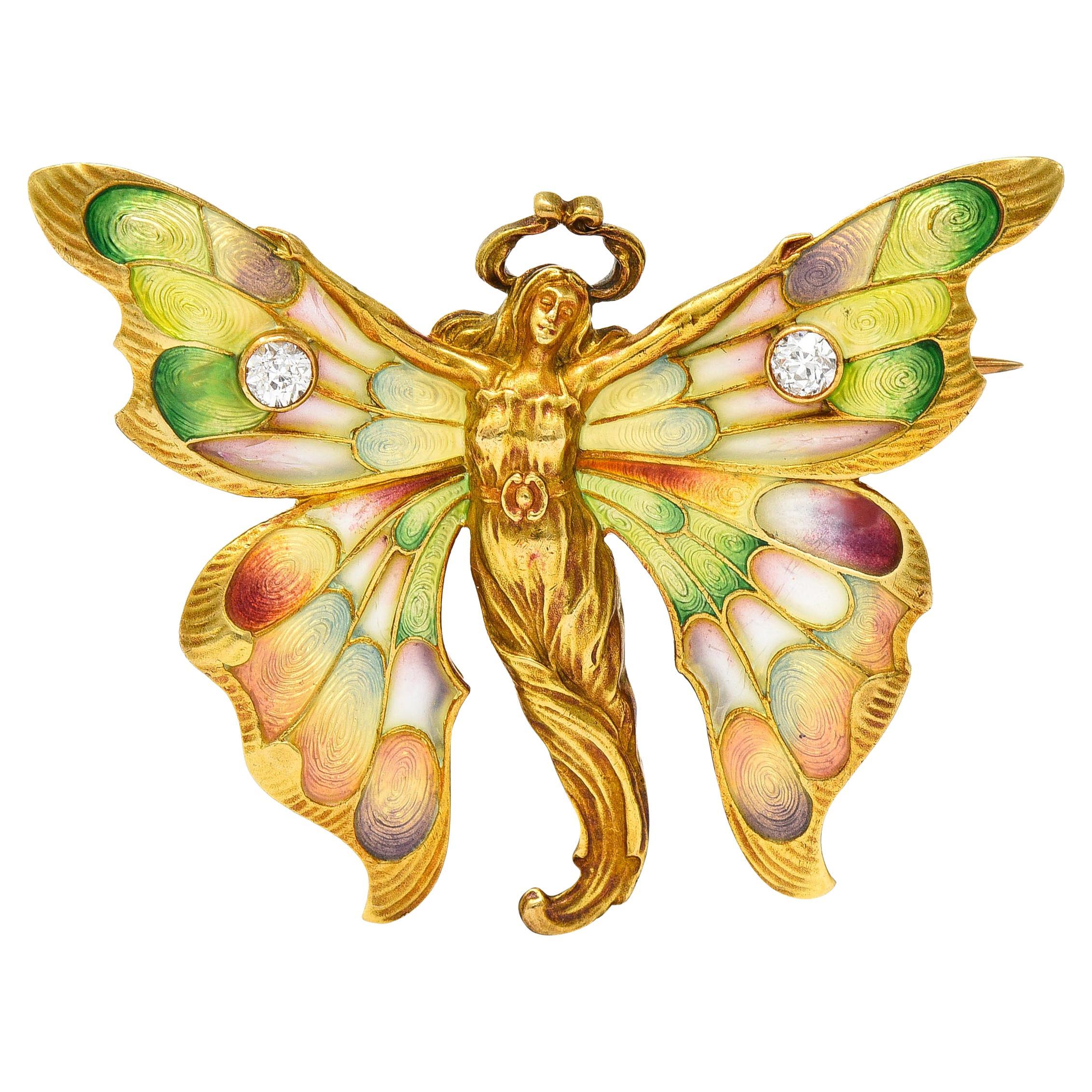 Whiteside & Blank Art Nouveau Enamel Diamond 18 Karat Yellow Gold Fairy Brooch