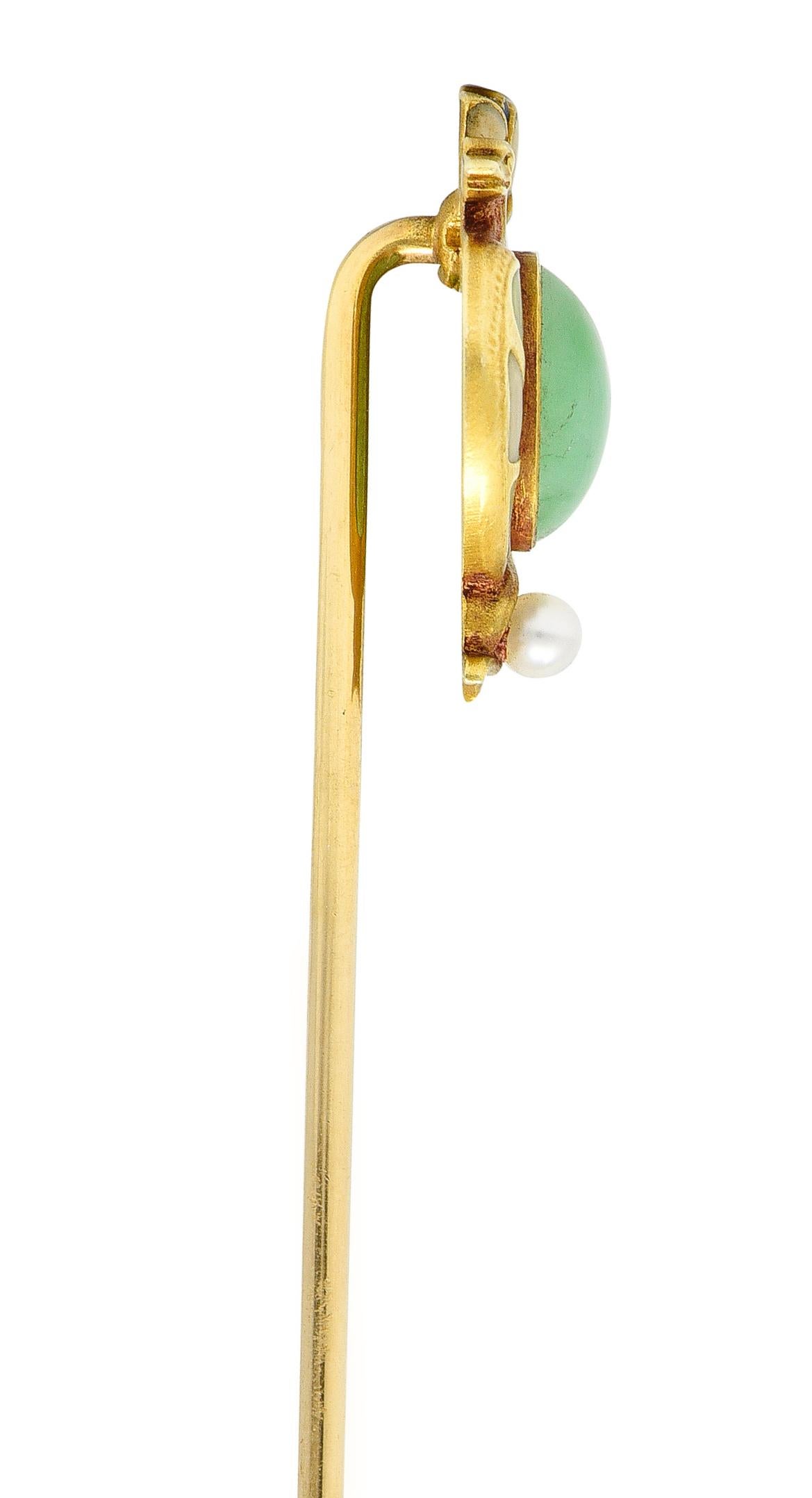 Cabochon Whiteside & Blank Art Nouveau Jade Pearl Basse-Taille Enamel 14 Karat Stickpin