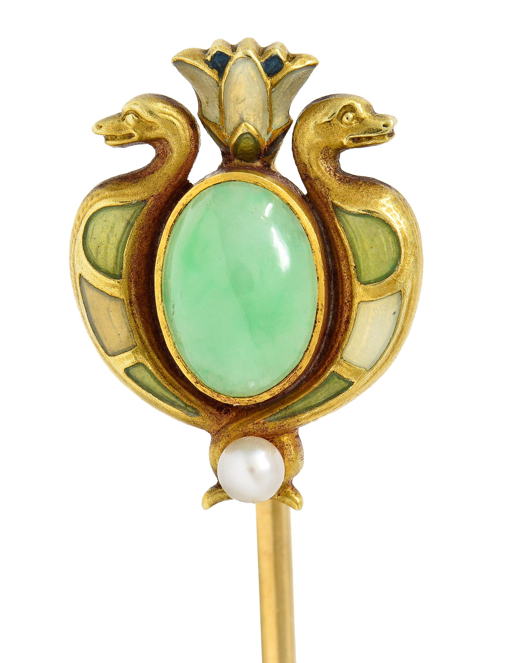Whiteside & Blank Art Nouveau Jade Pearl Basse-Taille Enamel 14 Karat Stickpin 2