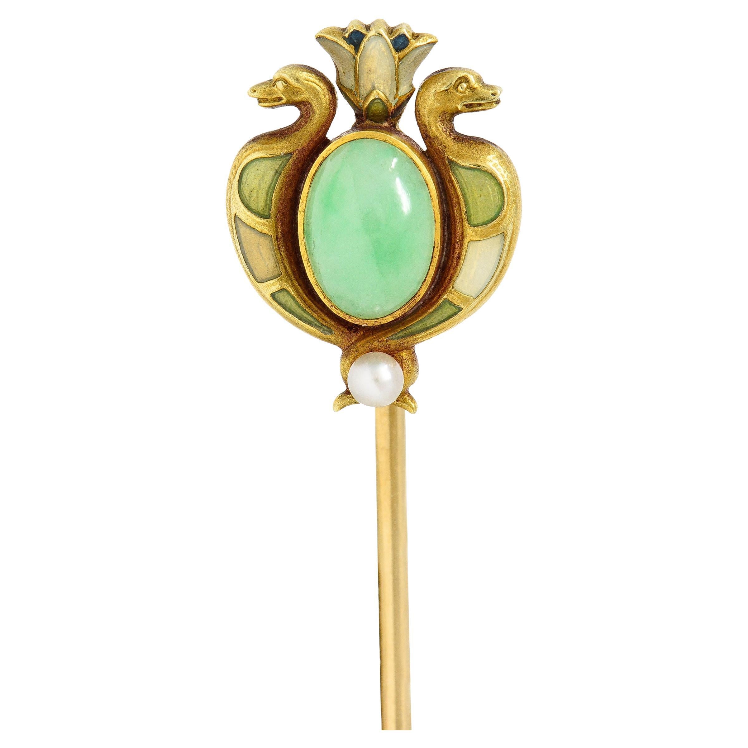 Whiteside & Blank Art Nouveau Jade Pearl Basse-Taille Enamel 14 Karat Stickpin