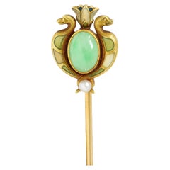Antique Whiteside & Blank Art Nouveau Jade Pearl Basse-Taille Enamel 14 Karat Stickpin