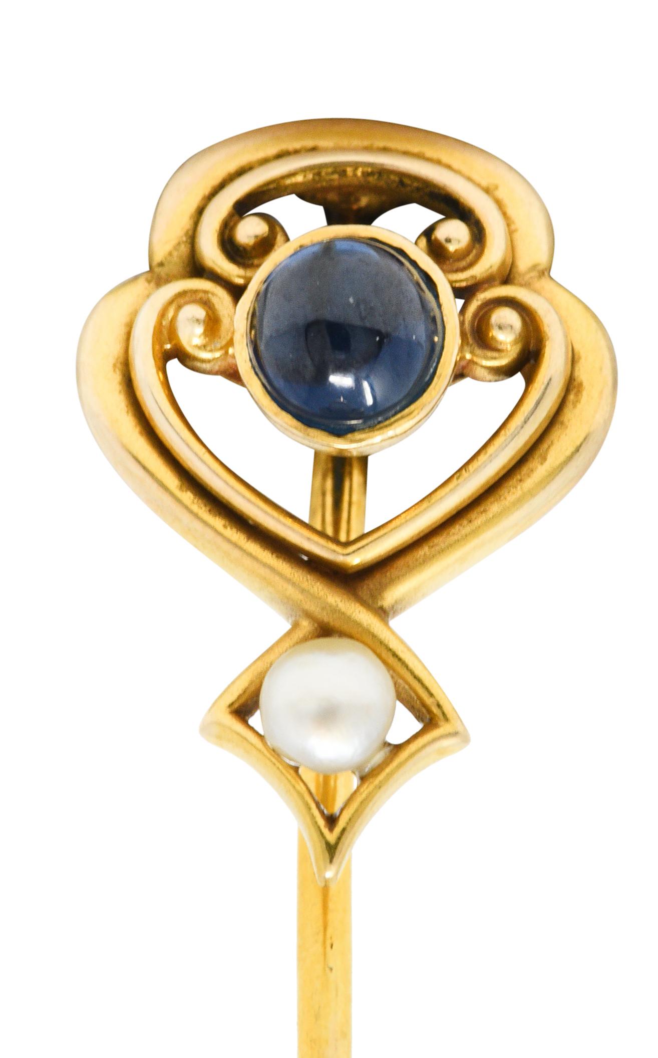 Whiteside & Blank Pearl 0.50 Carat Sapphire 14 Karat Gold Stickpin In Excellent Condition In Philadelphia, PA