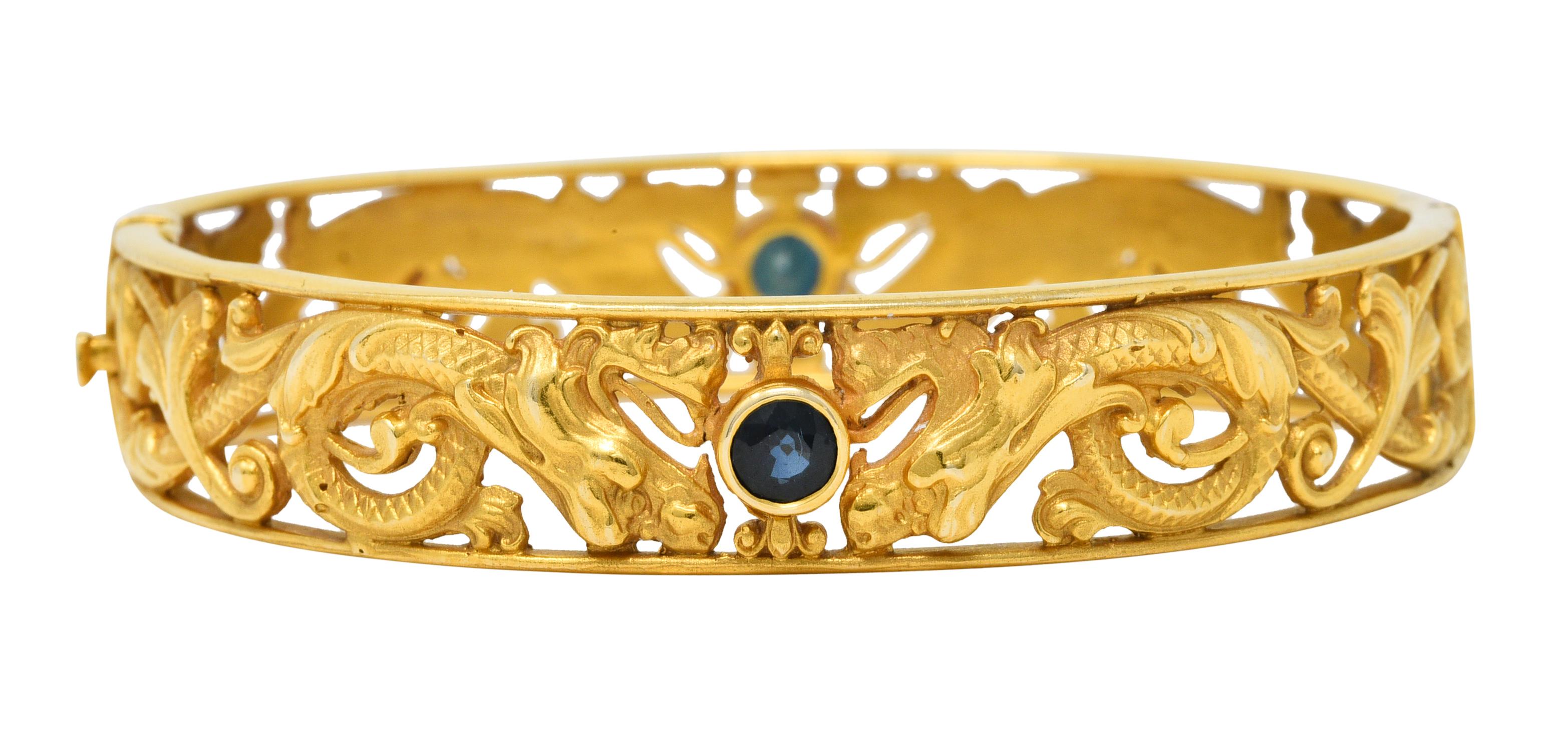 Edwardian Whiteside & Blank Sapphire Diamond 14 Karat Gold Dragon Bangle Bracelet