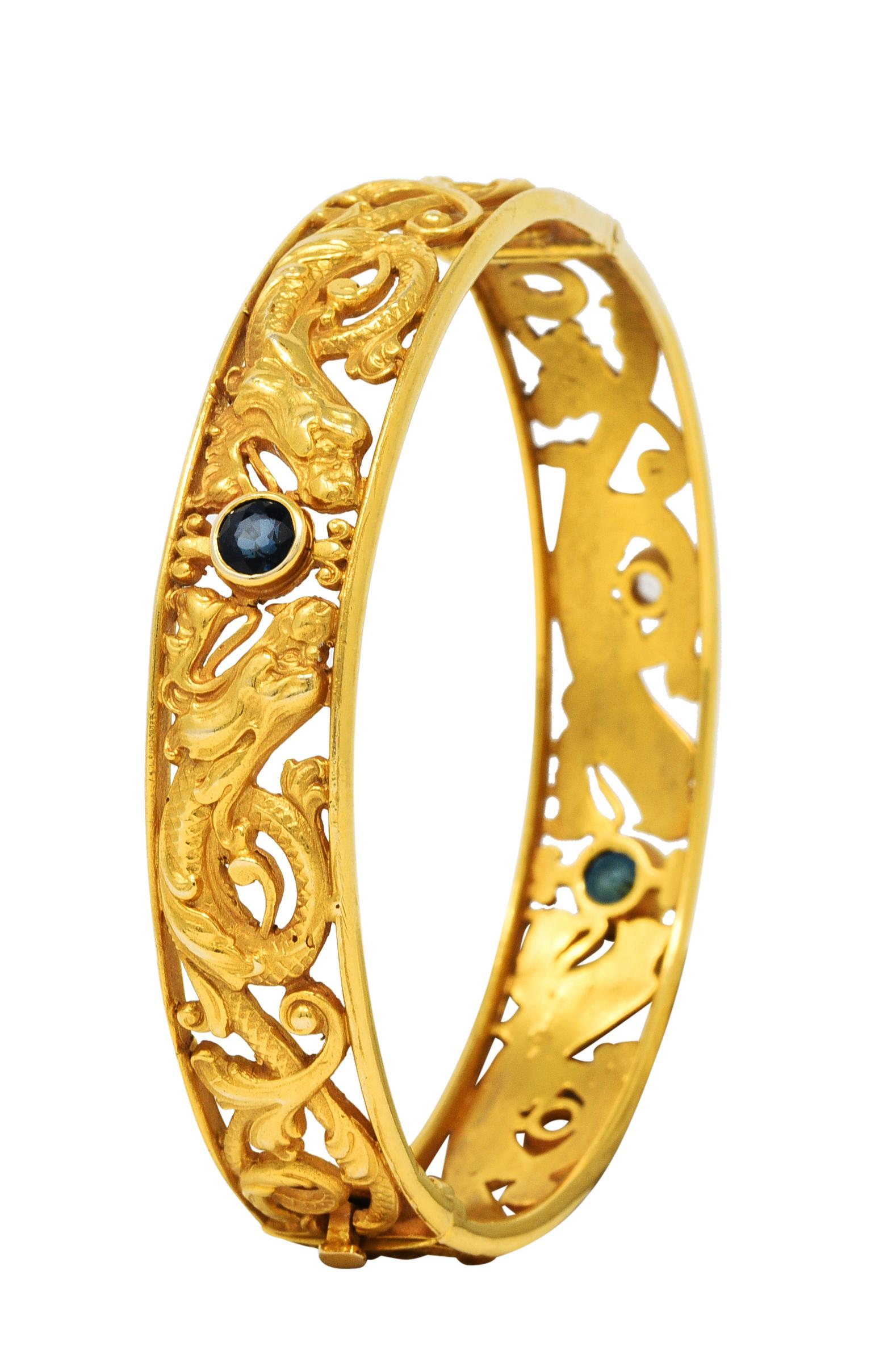 Women's or Men's Whiteside & Blank Sapphire Diamond 14 Karat Gold Dragon Bangle Bracelet