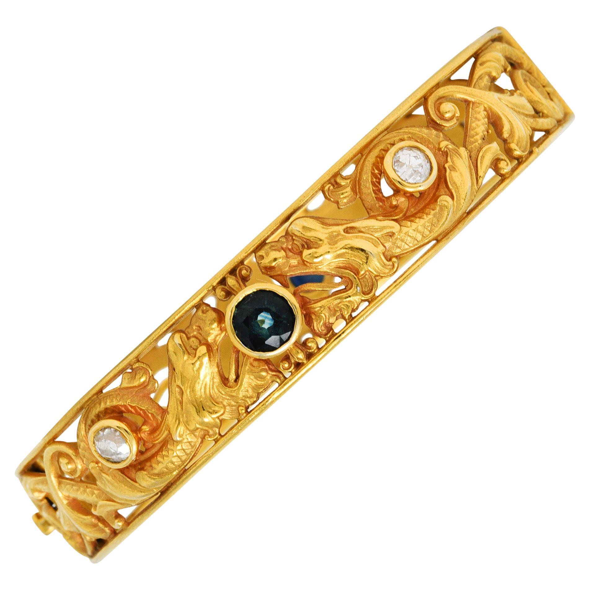 Whiteside & Blank Sapphire Diamond 14 Karat Gold Dragon Bangle Bracelet
