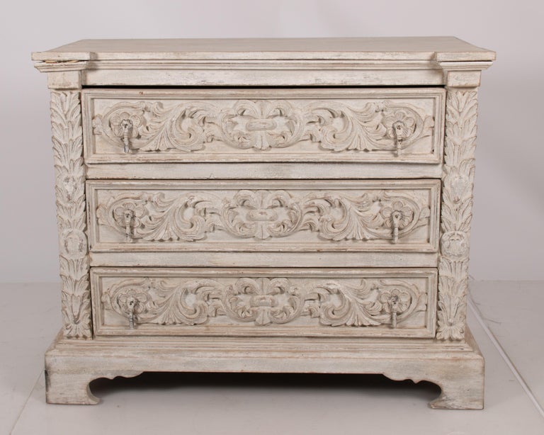 Whitewashed Antique Chest of Drawers with Handcarved Leaf Motif at 1stDibs