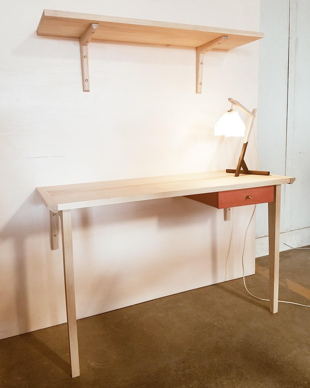 Modern Whitewashed Ash Linderman Wall-Mounted Desk with Leather Wrapped Drawer in Stock For Sale