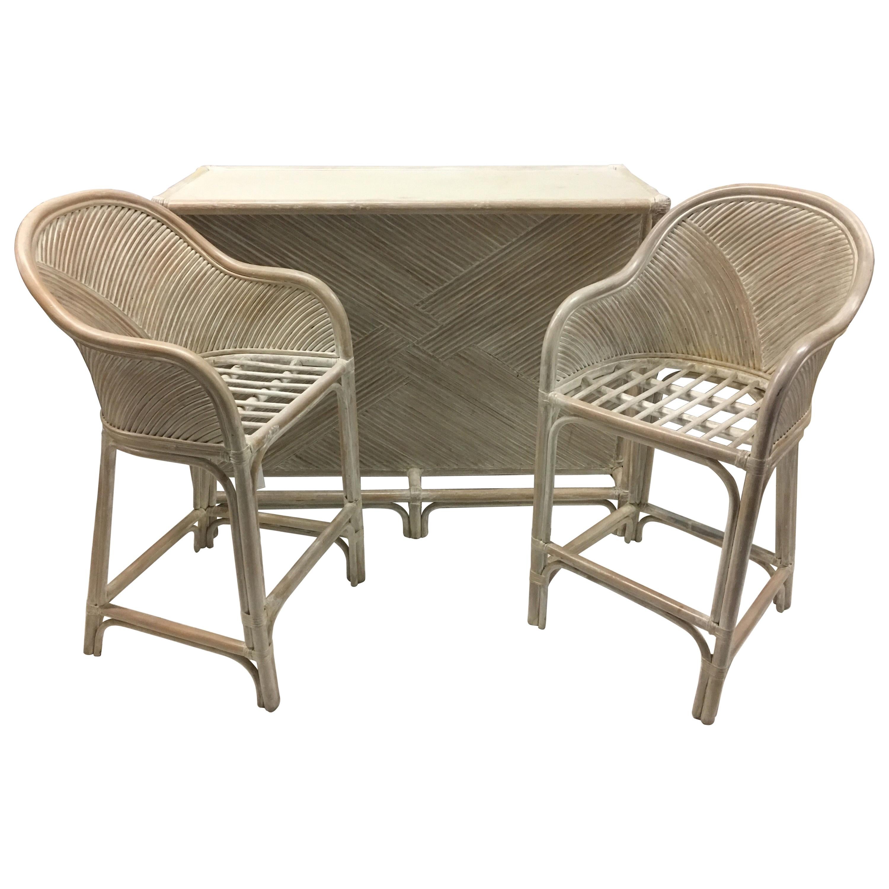 Whitewashed Palm Beach Bamboo Three-Piece Bar Table, Two Stools Set