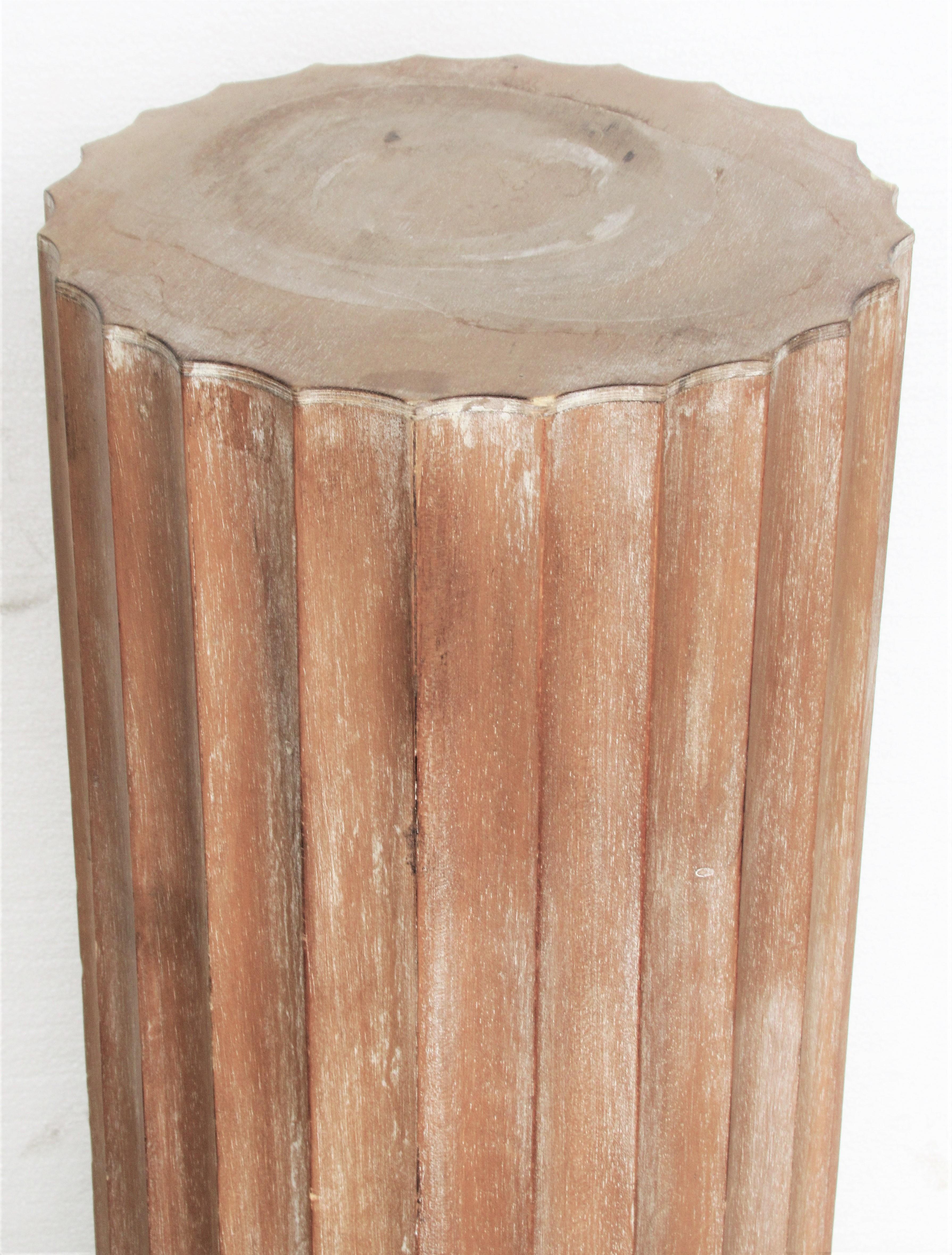 Italian Whitewashed Pine Classical Fluted Column Pedestal