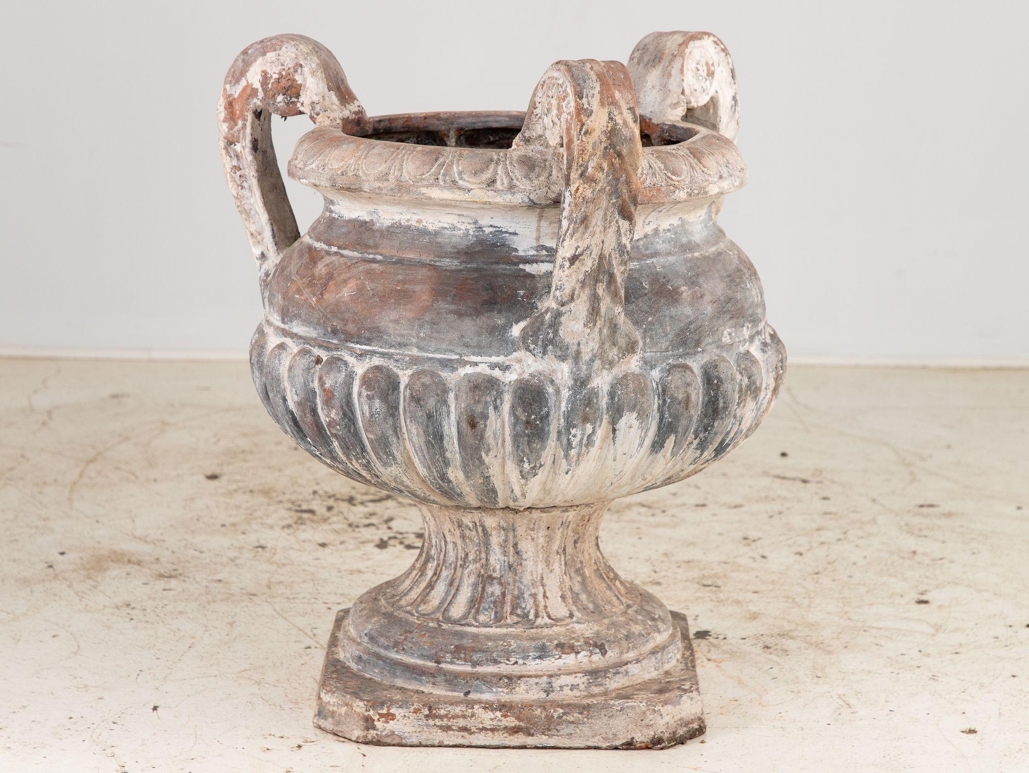 Whitewashed Terracotta Urn with Three Handles, Italy mid 20th C. For Sale 5