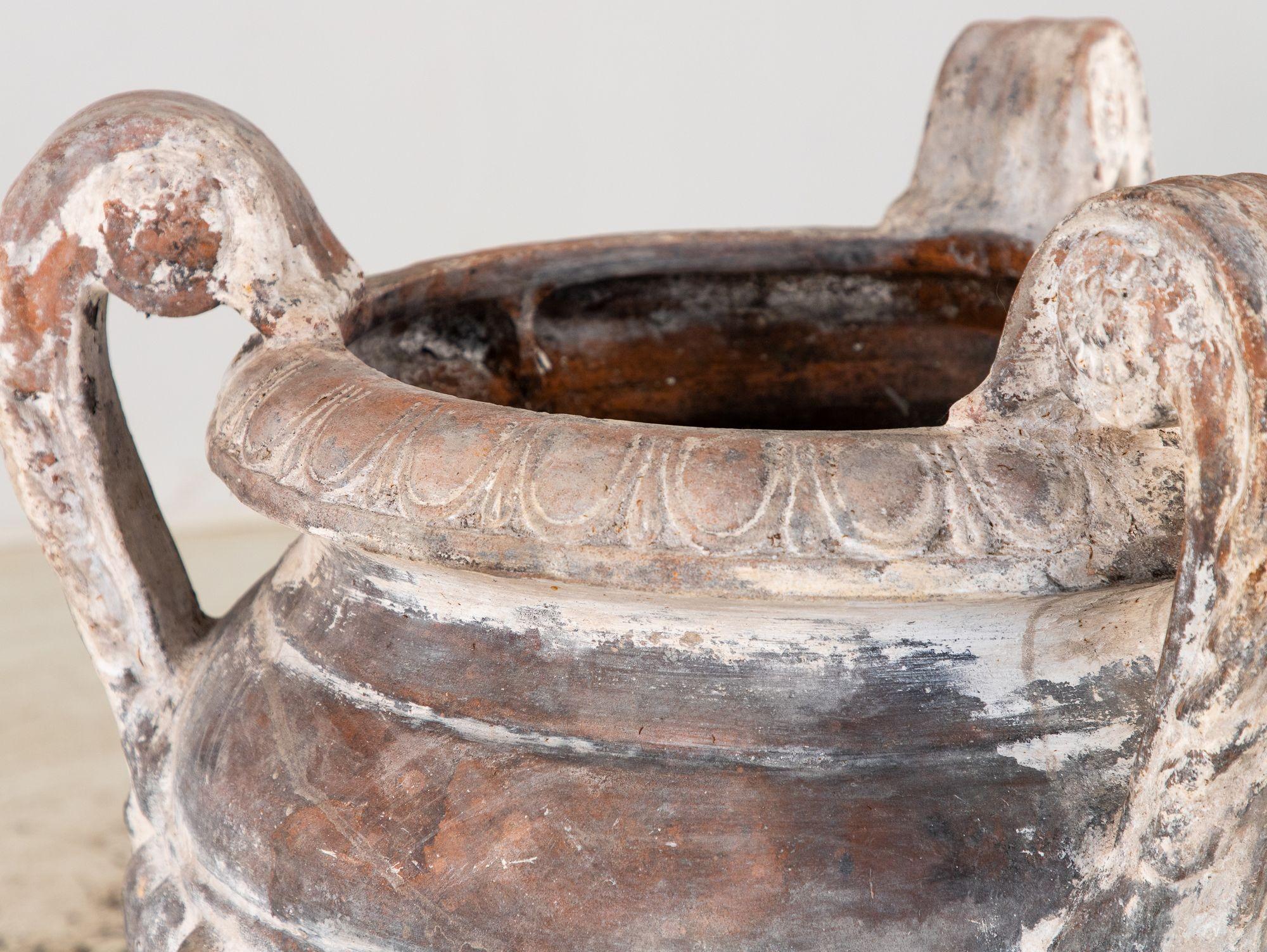 Whitewashed Terracotta Urn with Three Handles, Italy mid 20th C. For Sale 6