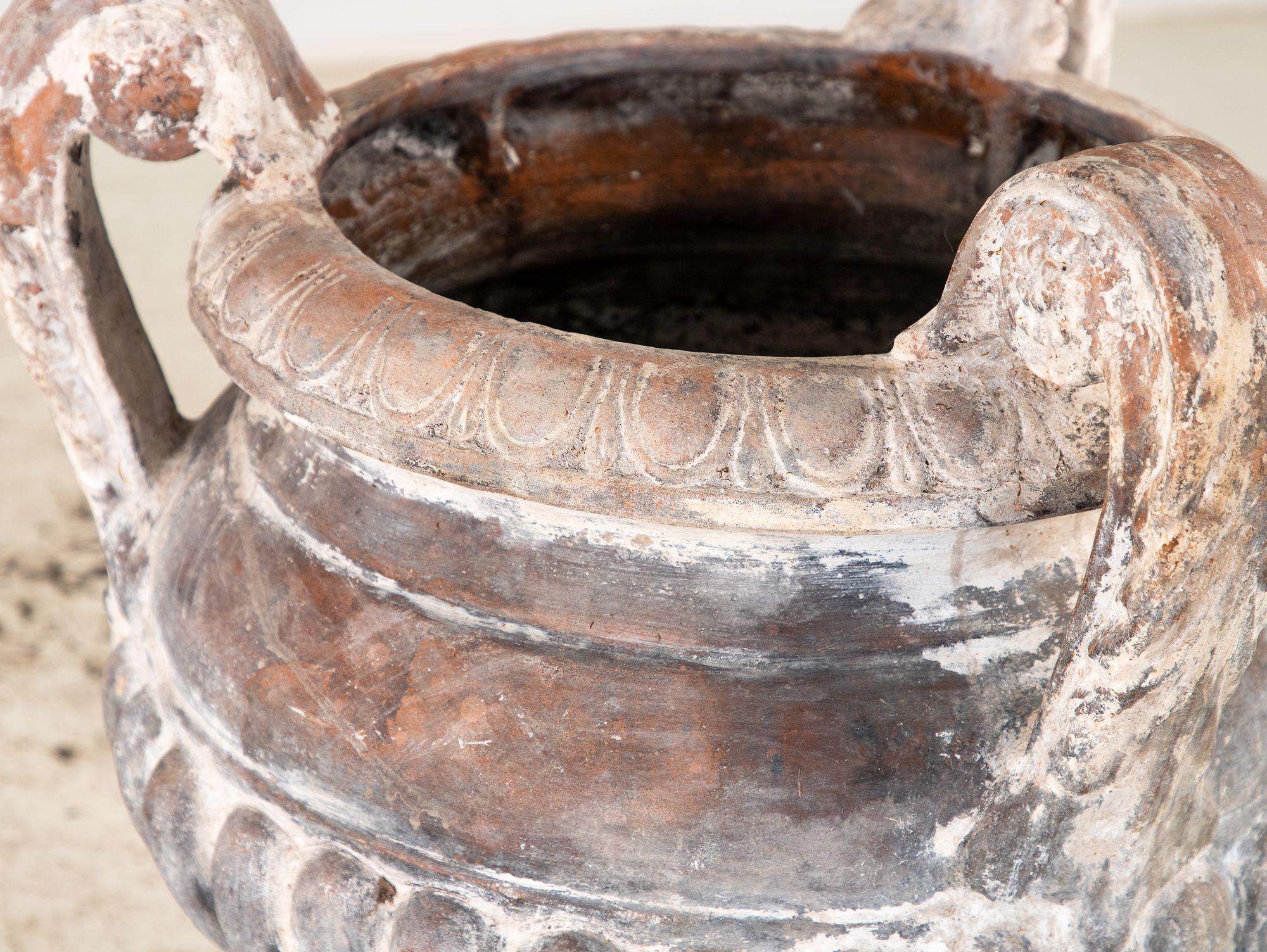 Whitewashed Terracotta Urn with Three Handles, Italy mid 20th C. For Sale 7