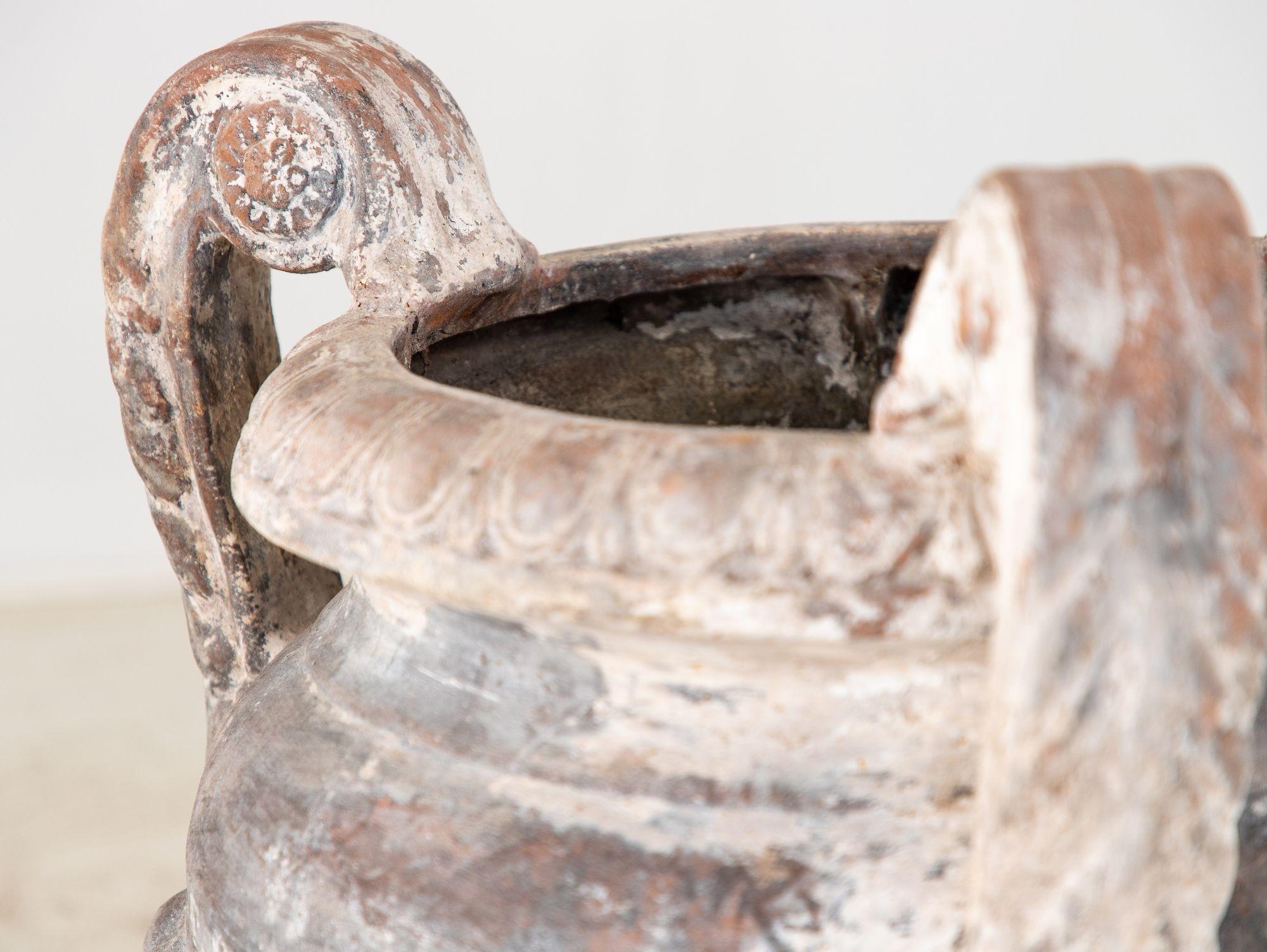 Italian Whitewashed Terracotta Urn with Three Handles, Italy mid 20th C. For Sale