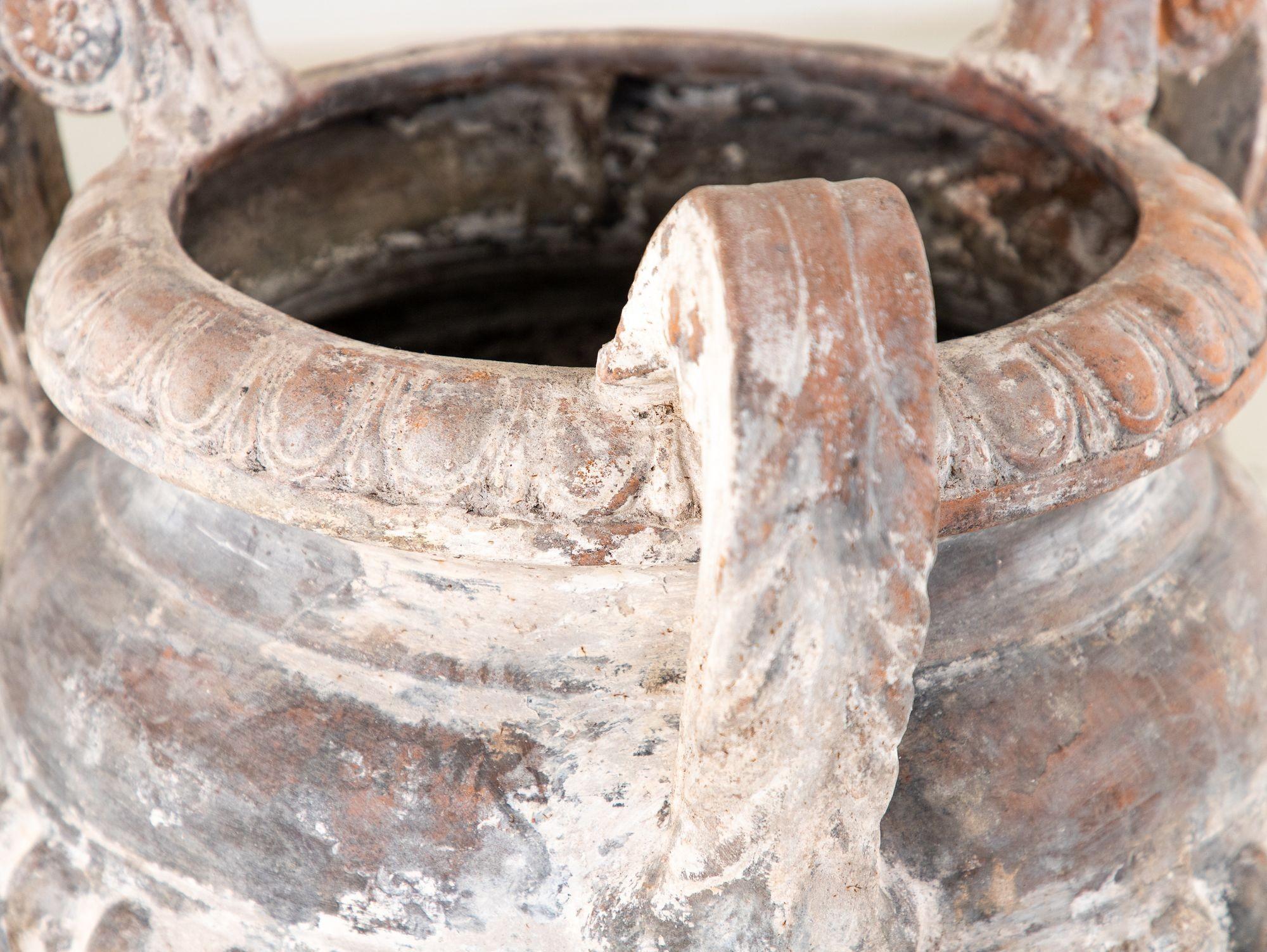 Whitewashed Terracotta Urn with Three Handles, Italy mid 20th C. In Good Condition For Sale In South Salem, NY