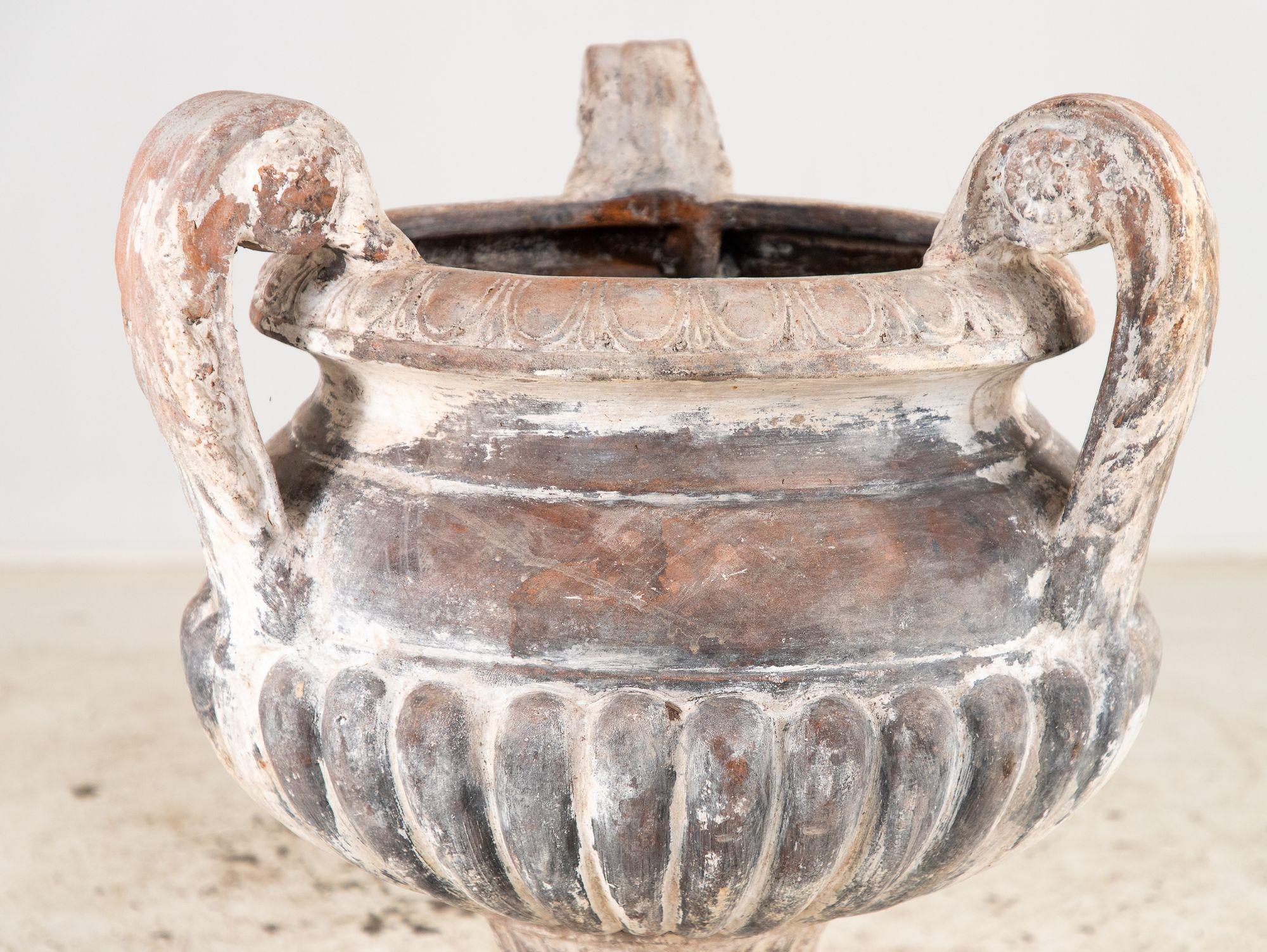 Whitewashed Terracotta Urn with Three Handles, Italy mid 20th C. For Sale 1