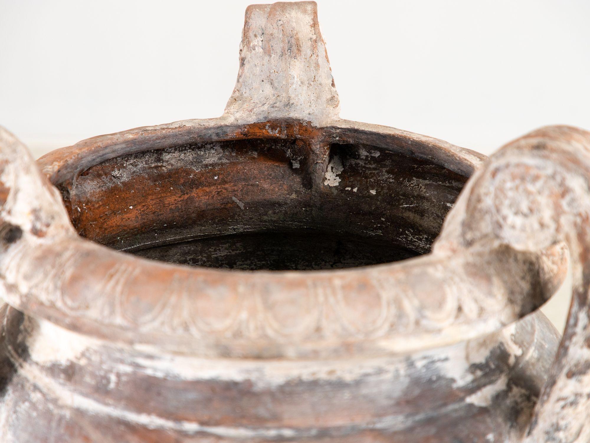 Whitewashed Terracotta Urn with Three Handles, Italy mid 20th C. For Sale 2