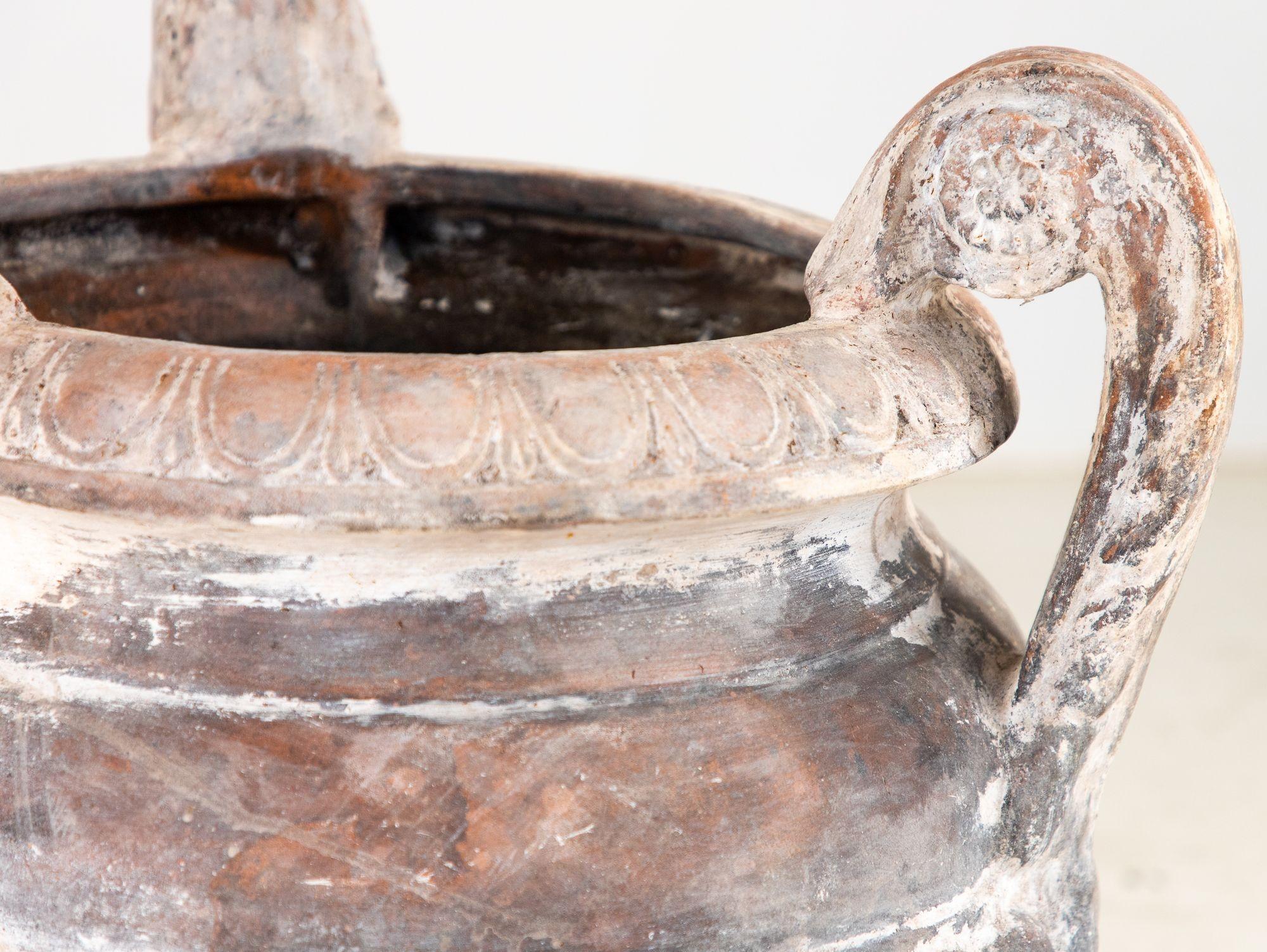 Whitewashed Terracotta Urn with Three Handles, Italy mid 20th C. For Sale 4