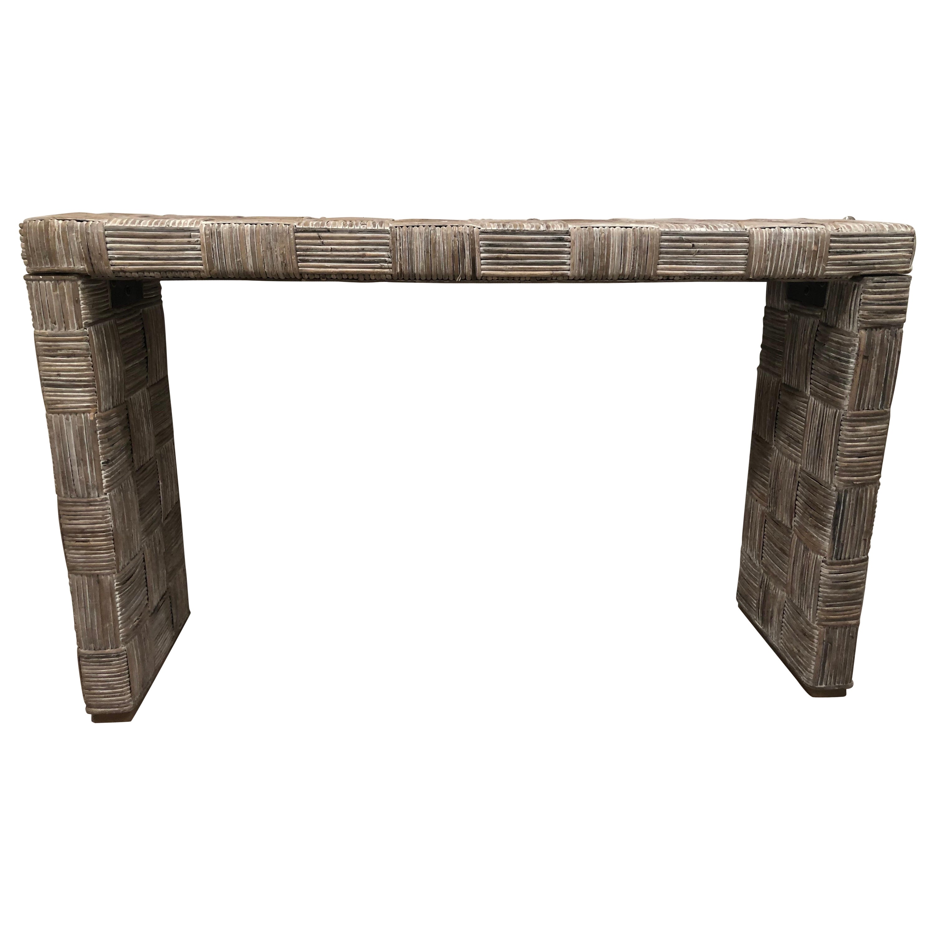 Whitewashed Woven Split Reed Console Table