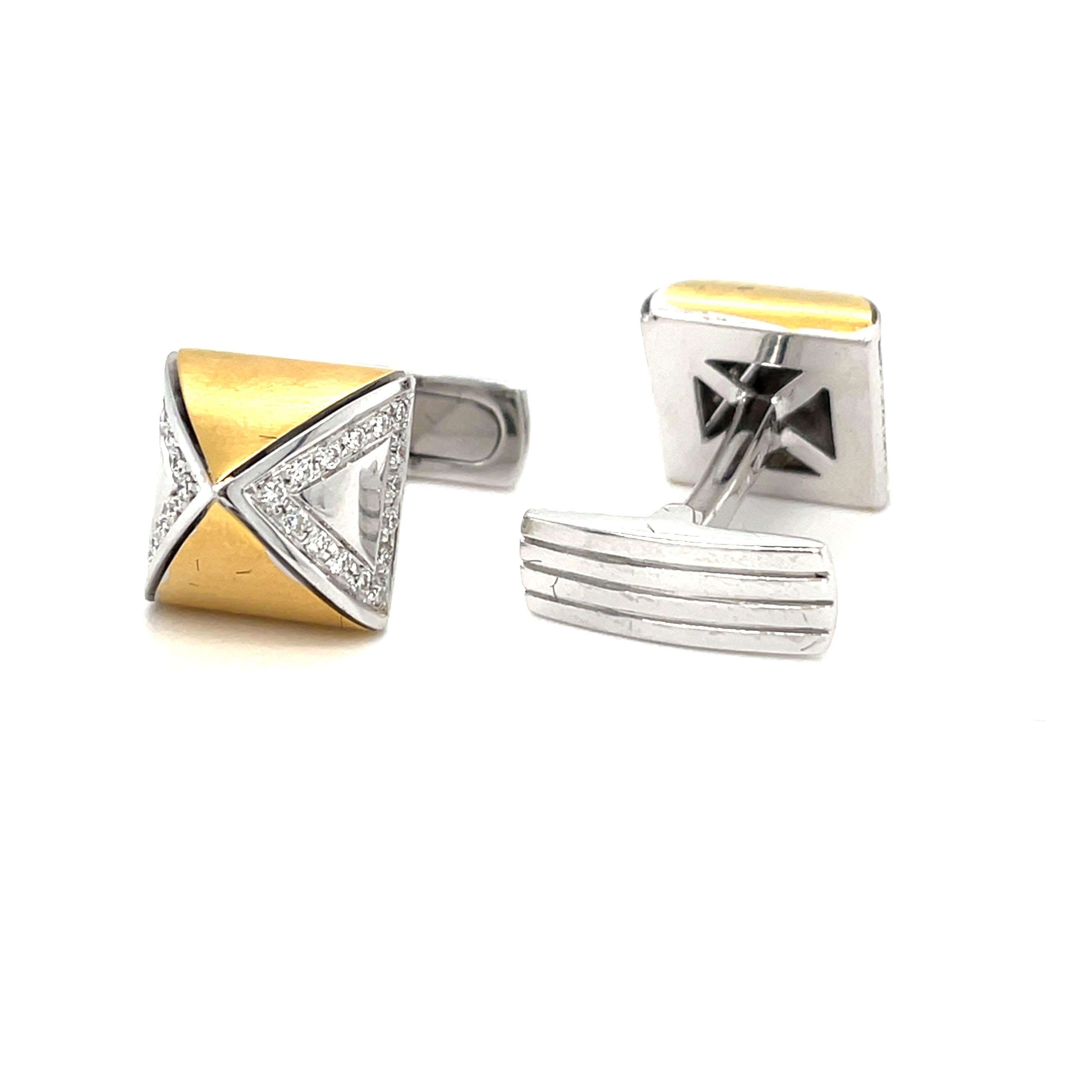These white and yelllow gold cufflinks are from Men's Collection. These cufflinks are decorated with diamonds G color VS clarity. The total amount of diamonds is 0.53 Carat. The dimensions of the cufflinks are 1.2cm x 1.2cm. These cufflinks are a