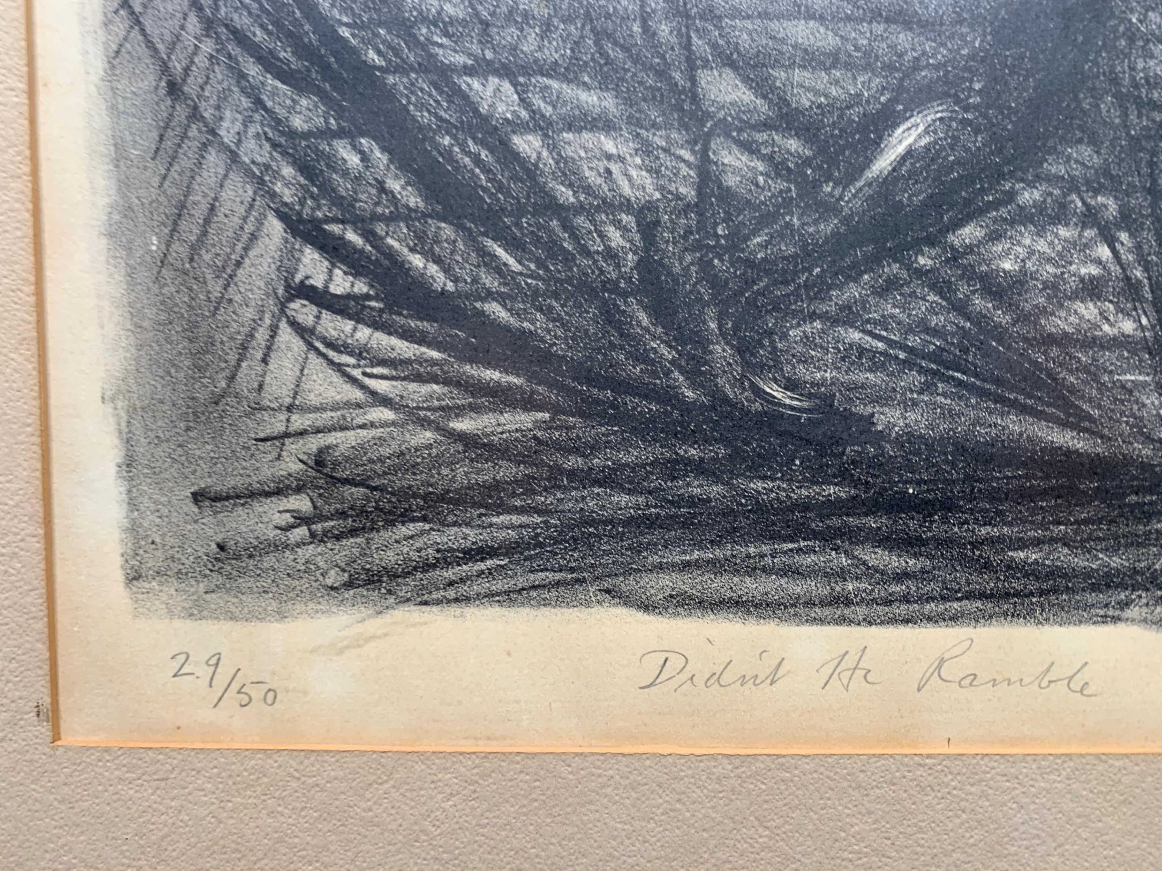 Whitford Carter (1915-1973). Didn't He Ramble ?, 1964. Lithographie sur papier, l'image mesure 13 x 17 pouces ; 19 x 22 pouces dans le cadre original. Signé, daté, numéroté et titré par l'artiste au crayon, dans la marge inférieure. 
