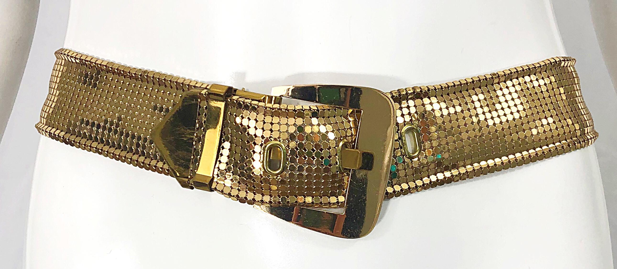 Chic early 80s vintage WHITING & DAVIS gold chain mail metal belt ! Features signature chainmail in a bright metallic gold. Large gold buckle. Really makes any outfit complete. Great with pants, jeans, over a dress or skirt.
In great condition
Made