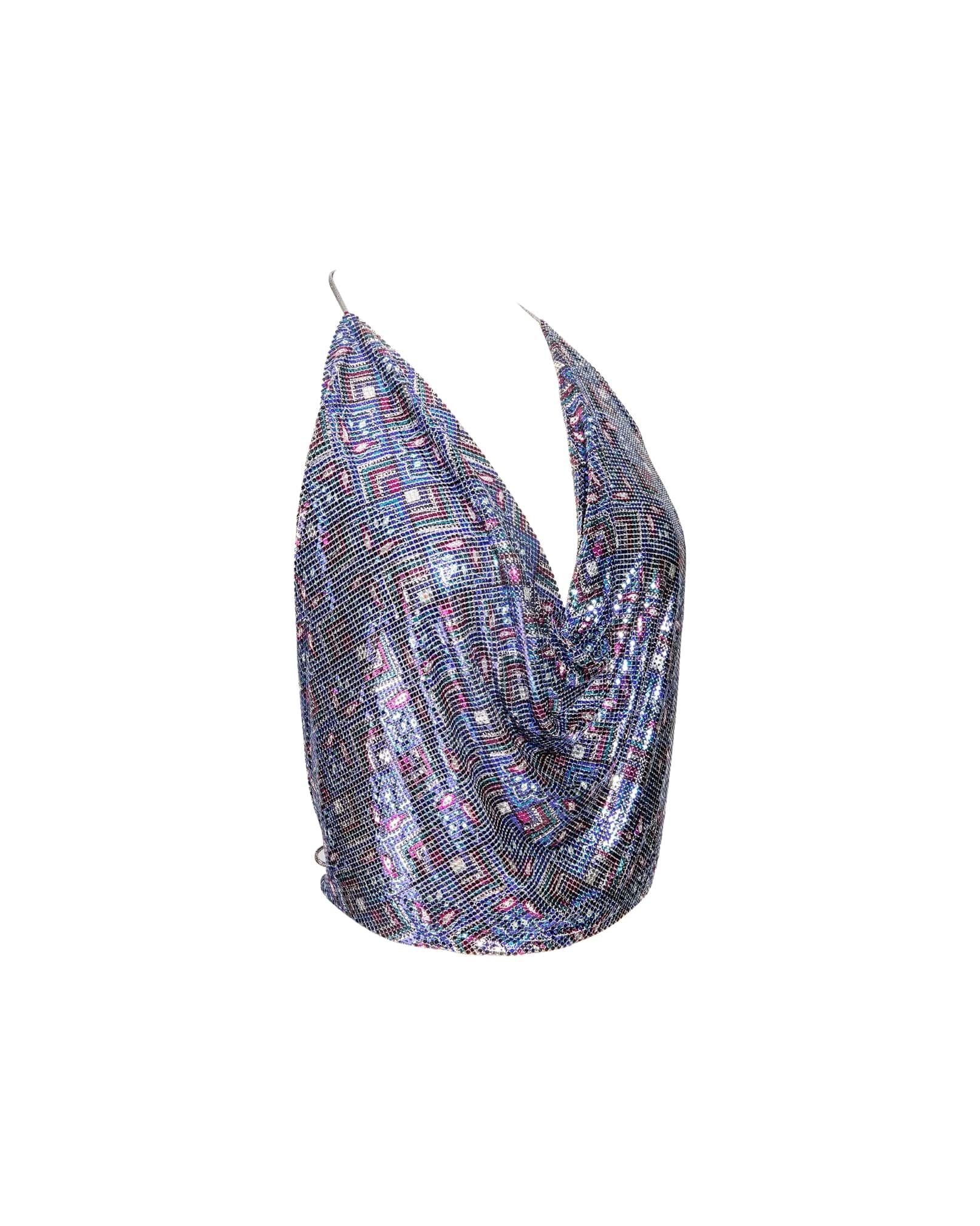 Women's Whiting and Davis Blue Patterned Chainmail Halter Top, 1970’s