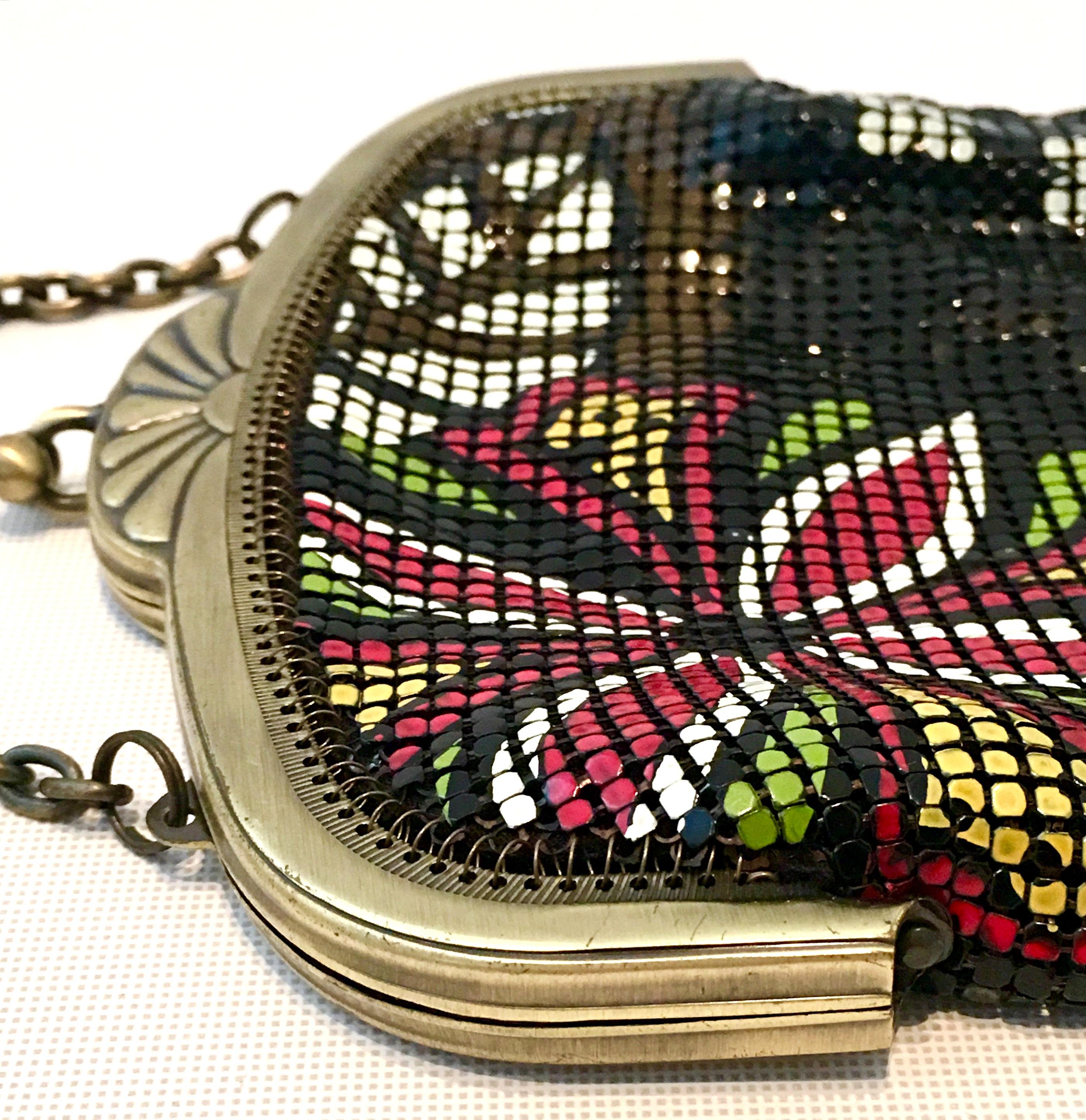 20th Century Metal Mesh Enamel Floral Flapper Evening Bag By, Whiting & Davis In New Condition In West Palm Beach, FL