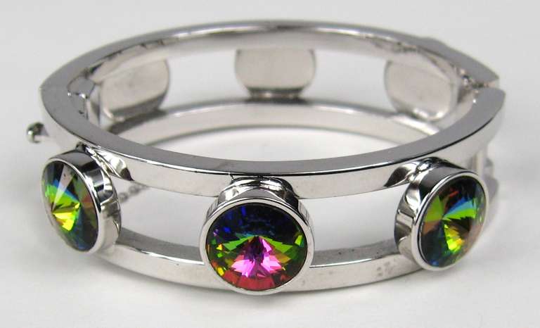 Stunning whiting and Davis watermelon Rivoli Bracelet. Silver tone metal with large bezel set crystals. Measuring .68 in wide Clasp opening and hinged will easily fit a 6- 7 in wrist. This is out of a massive collection of Hopi, Zuni, Navajo,