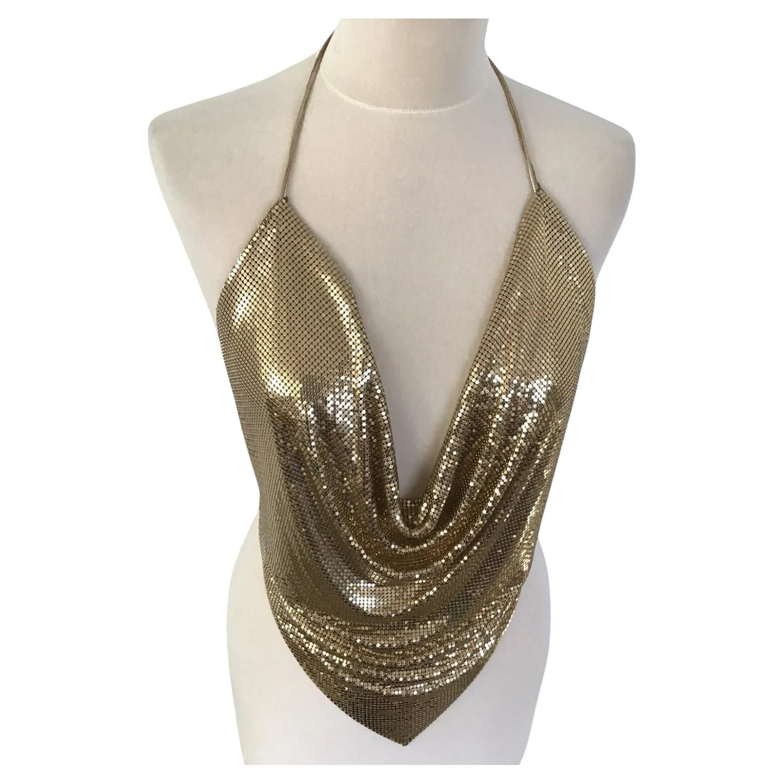Whiting & Davis Gold Kettenhemd Netz Metall Halsausschnitt Top Party seltenes Vintage  im Angebot