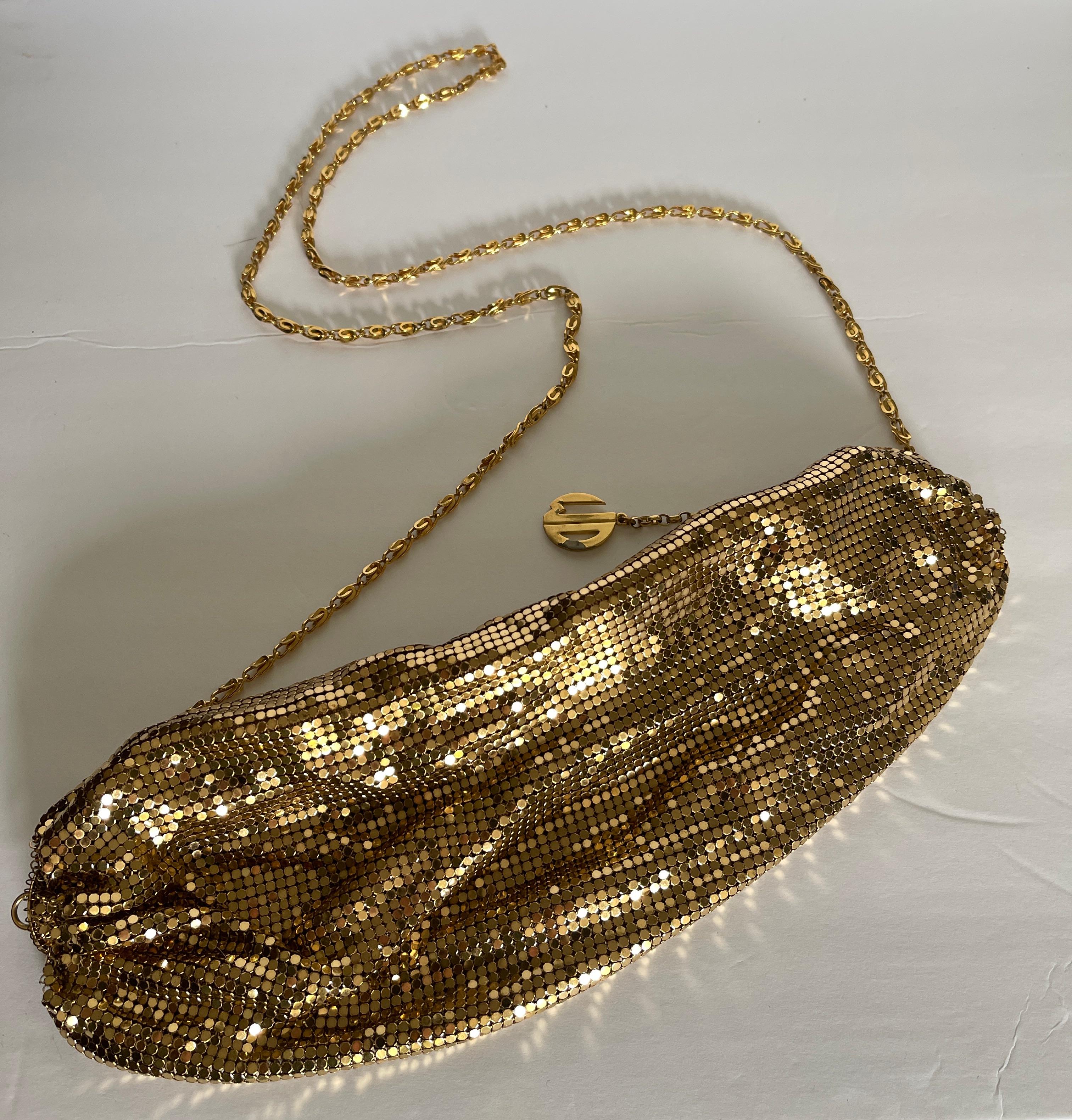 Brown Whiting & Davis Gold Metal Mesh Cross Body Evening Bag Purse For Sale