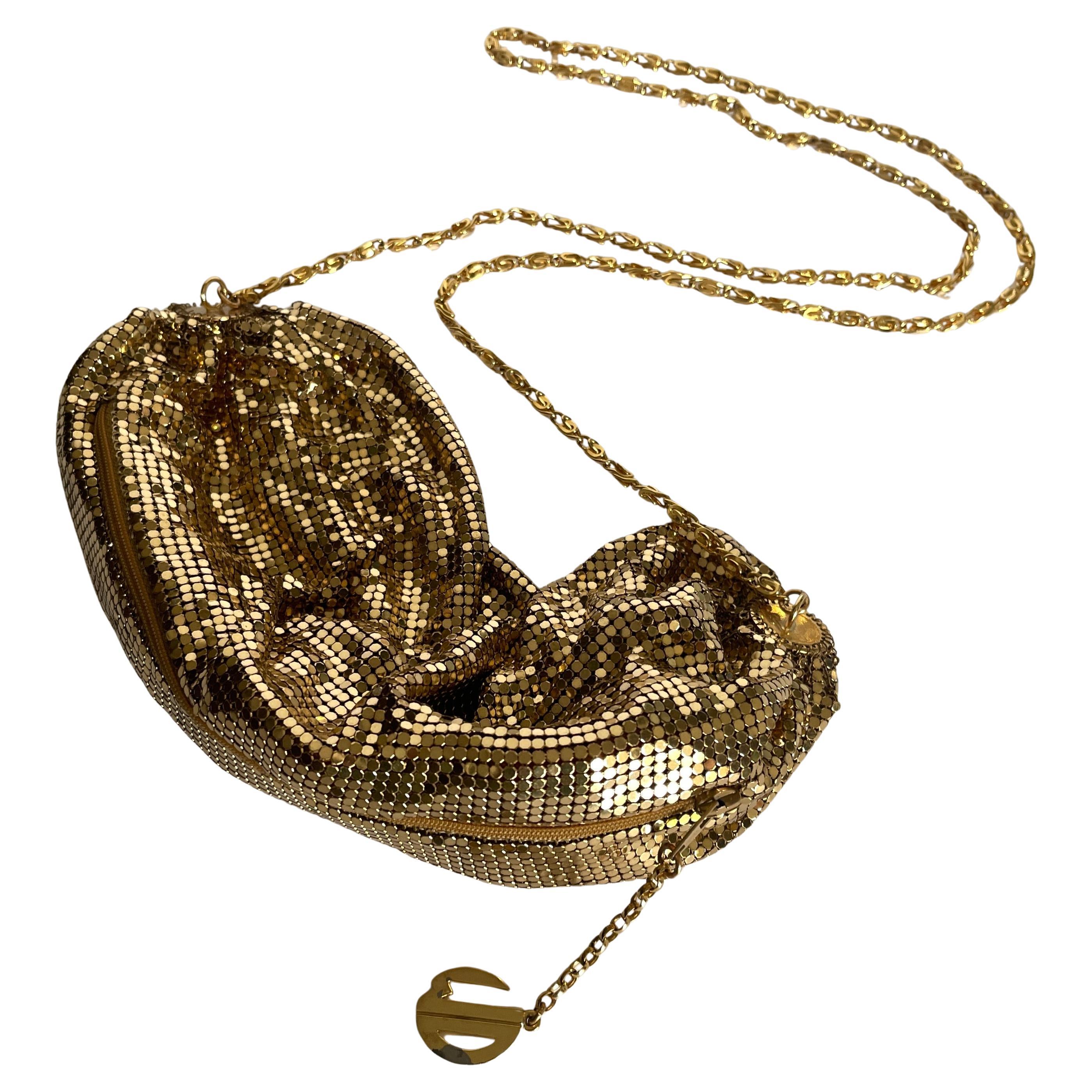 Whiting & Davis Gold Metal Mesh Cross Body Evening Bag Purse