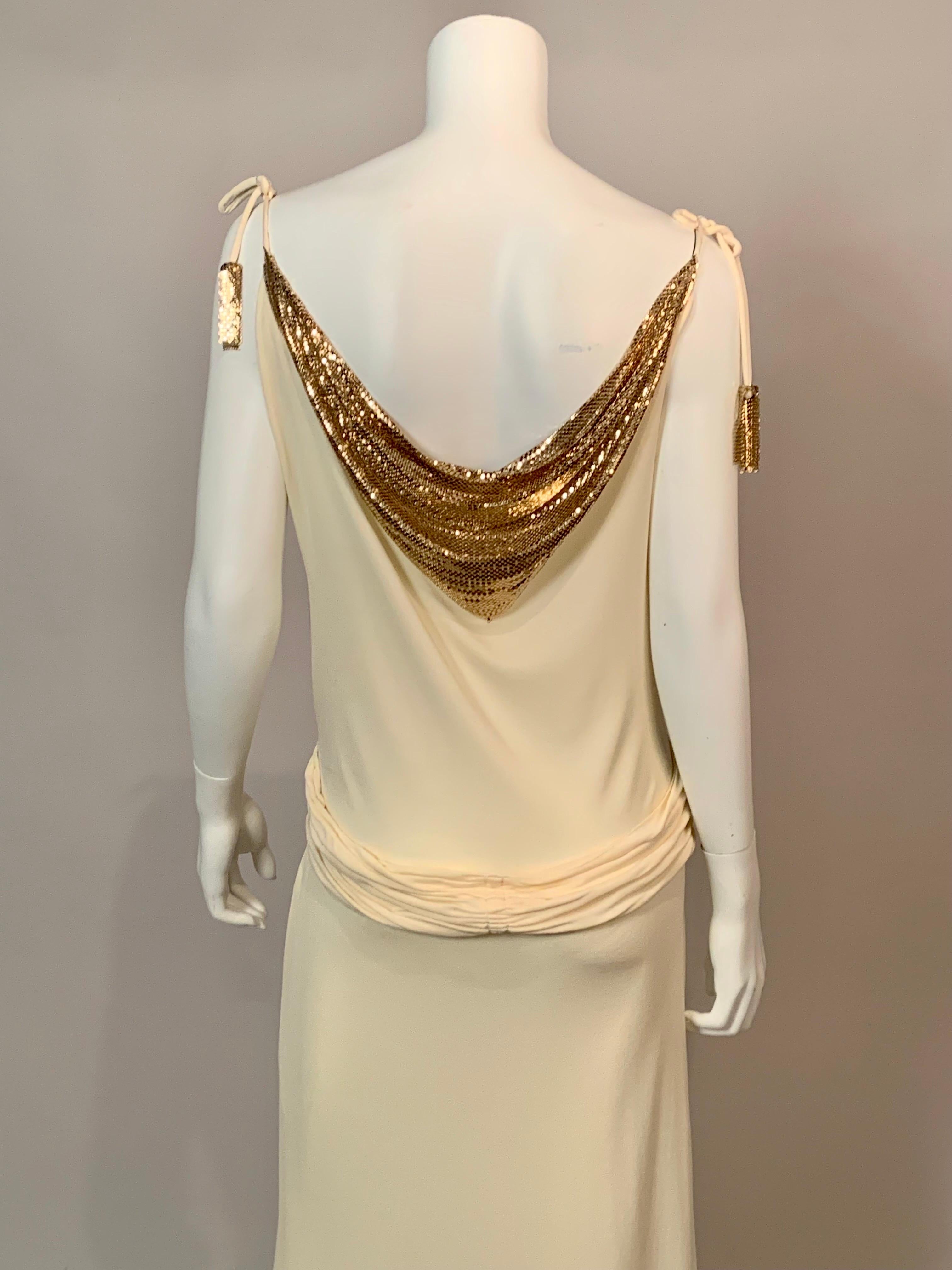 Whiting & Davis Gold Metal Mesh Embellished Cream Jersey Dress 4
