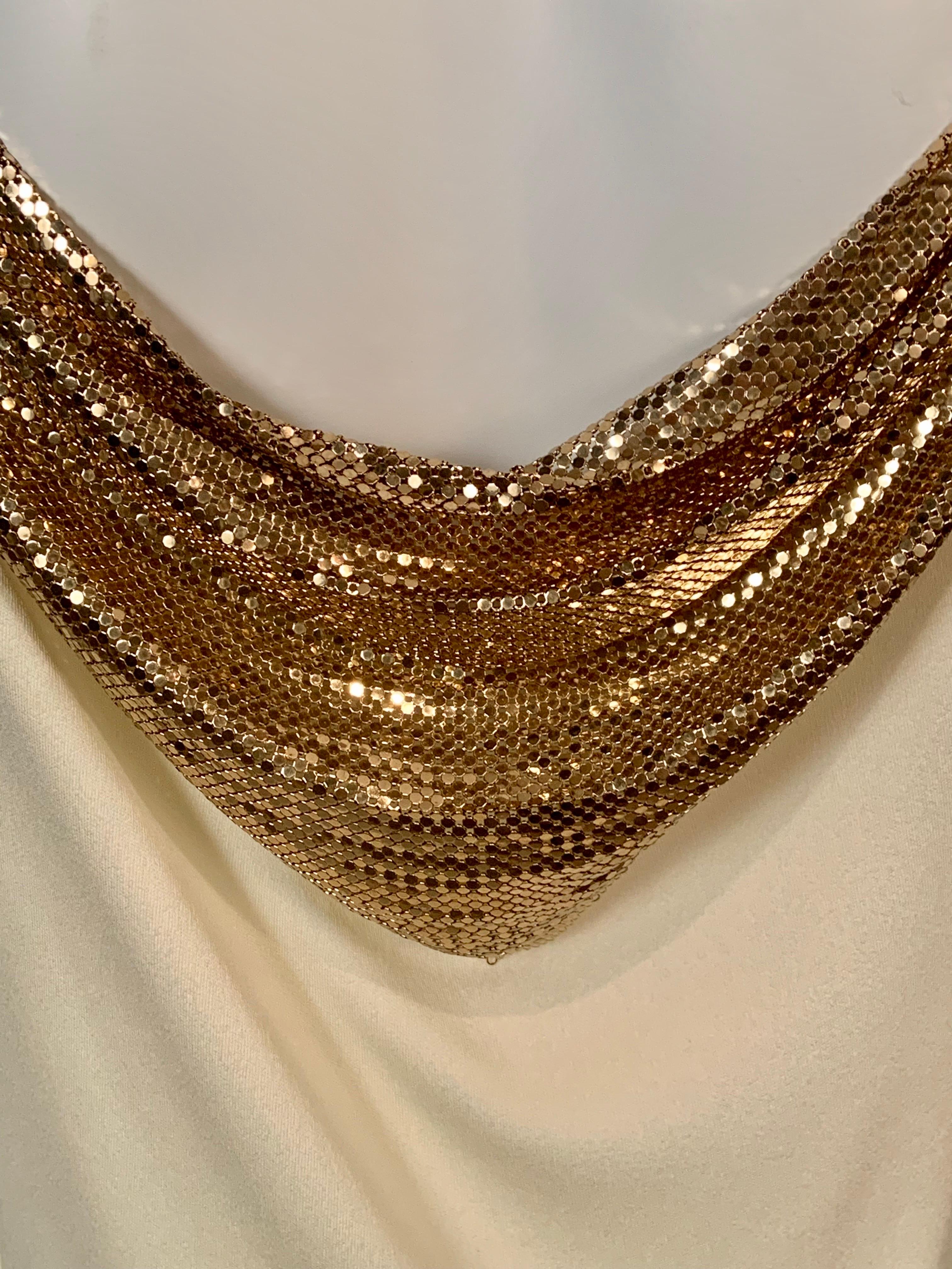 Whiting & Davis Gold Metal Mesh Embellished Cream Jersey Dress 6