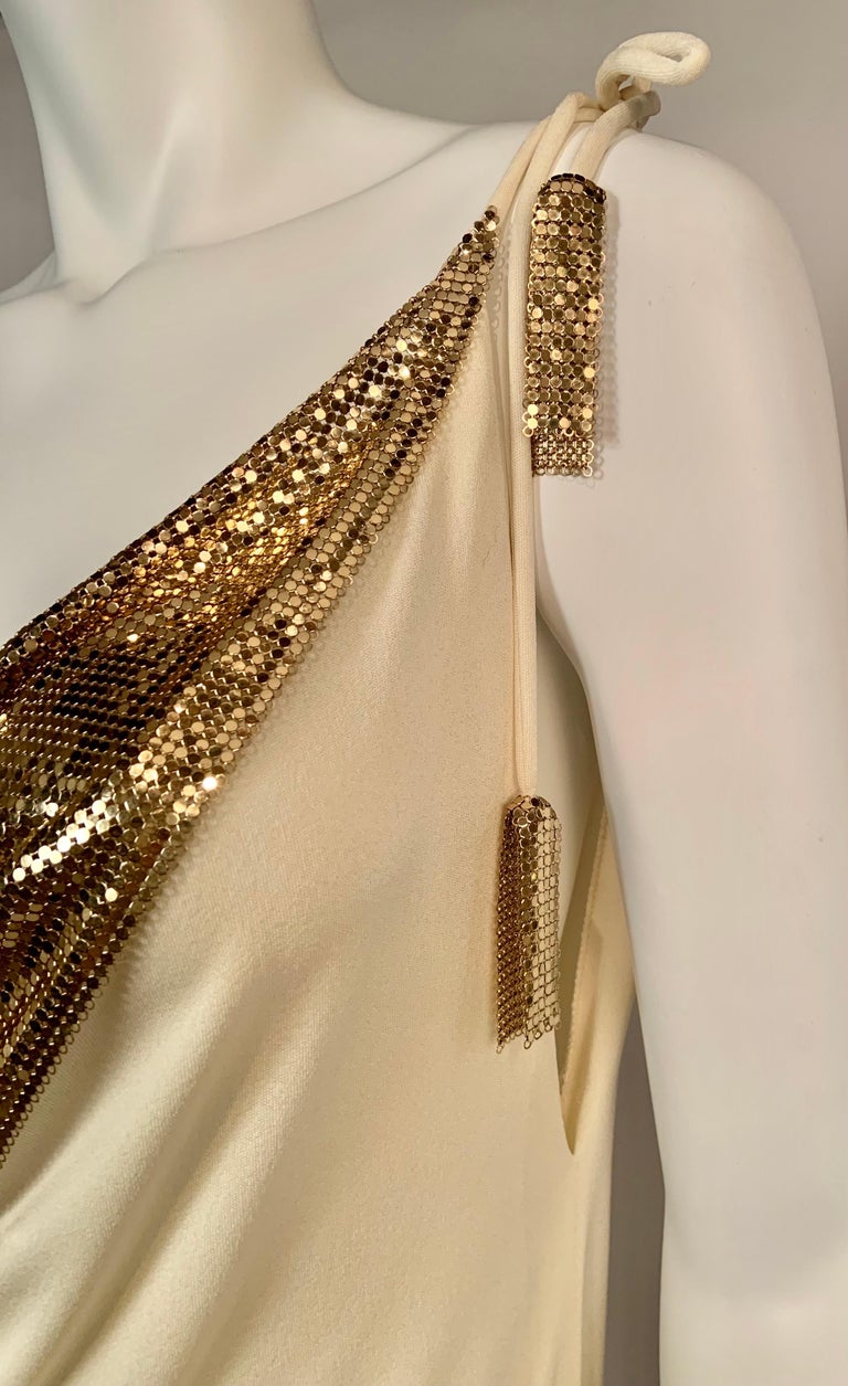 Whiting and Davis Gold Metal Mesh Embellished Cream Jersey Dress at 1stDibs  | cream jersey dresses, whiting and davis dress