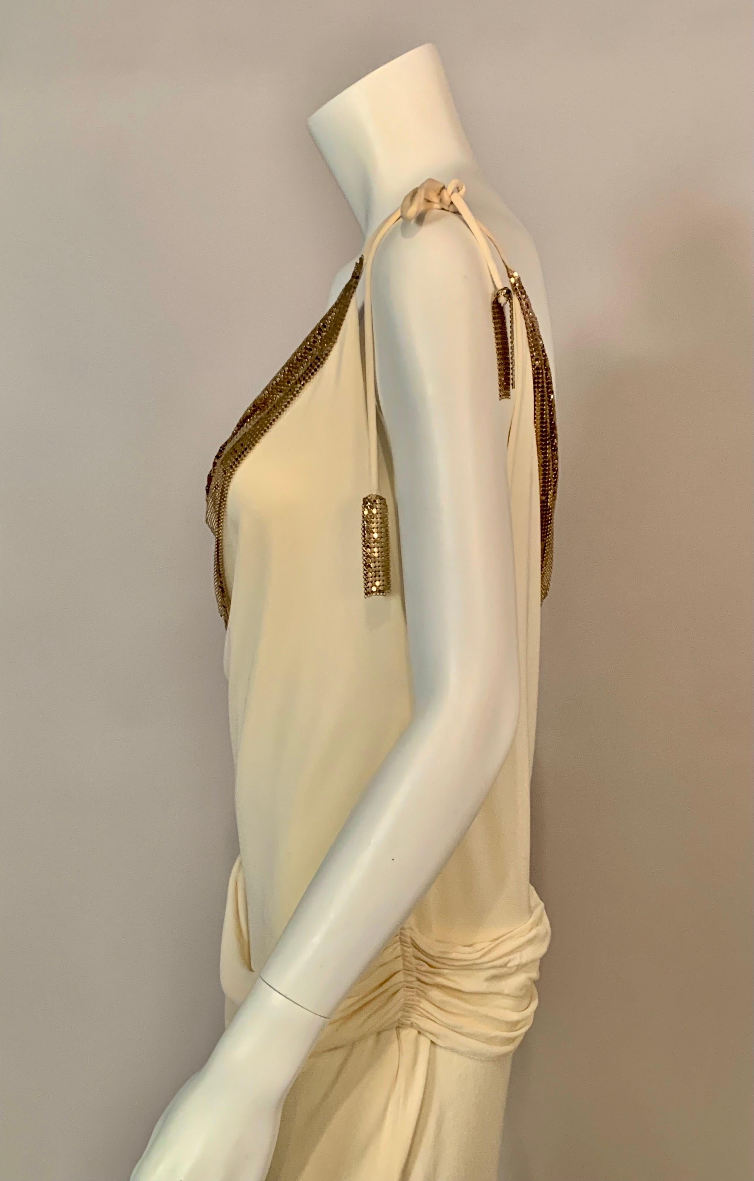 Whiting & Davis Gold Metal Mesh Embellished Cream Jersey Dress 1