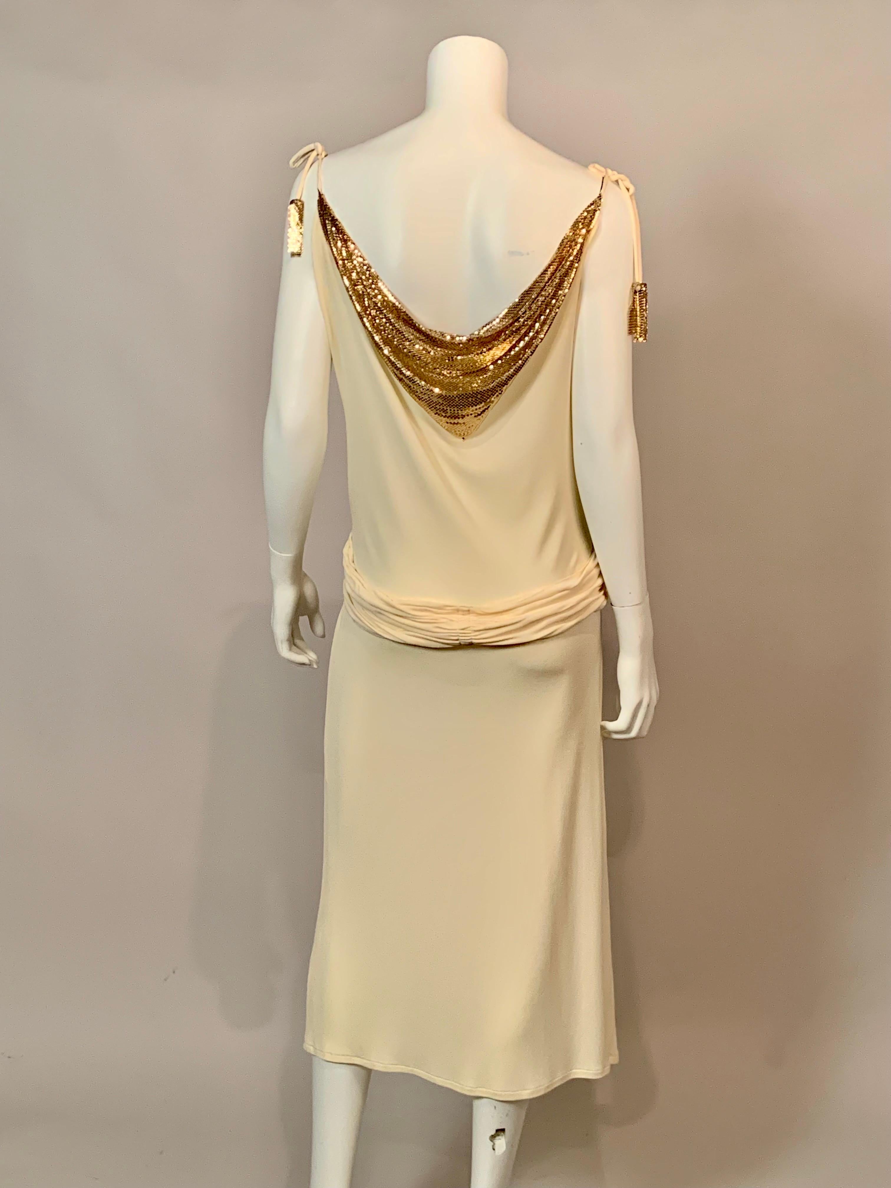 Whiting & Davis Gold Metal Mesh Embellished Cream Jersey Dress 3