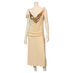 Vintage Whiting & Davis Gold Metal Mesh Embellished Cream Jersey Dress