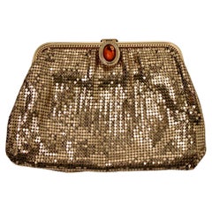 Whiting 
Davis Gold-Tone Chainmail Metal Clutch Bag With Chain circa 1960s