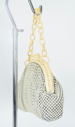 Whiting & Davis Ivory Enamel Mesh Handbag w Bakelite Chain and Frame, 1940s