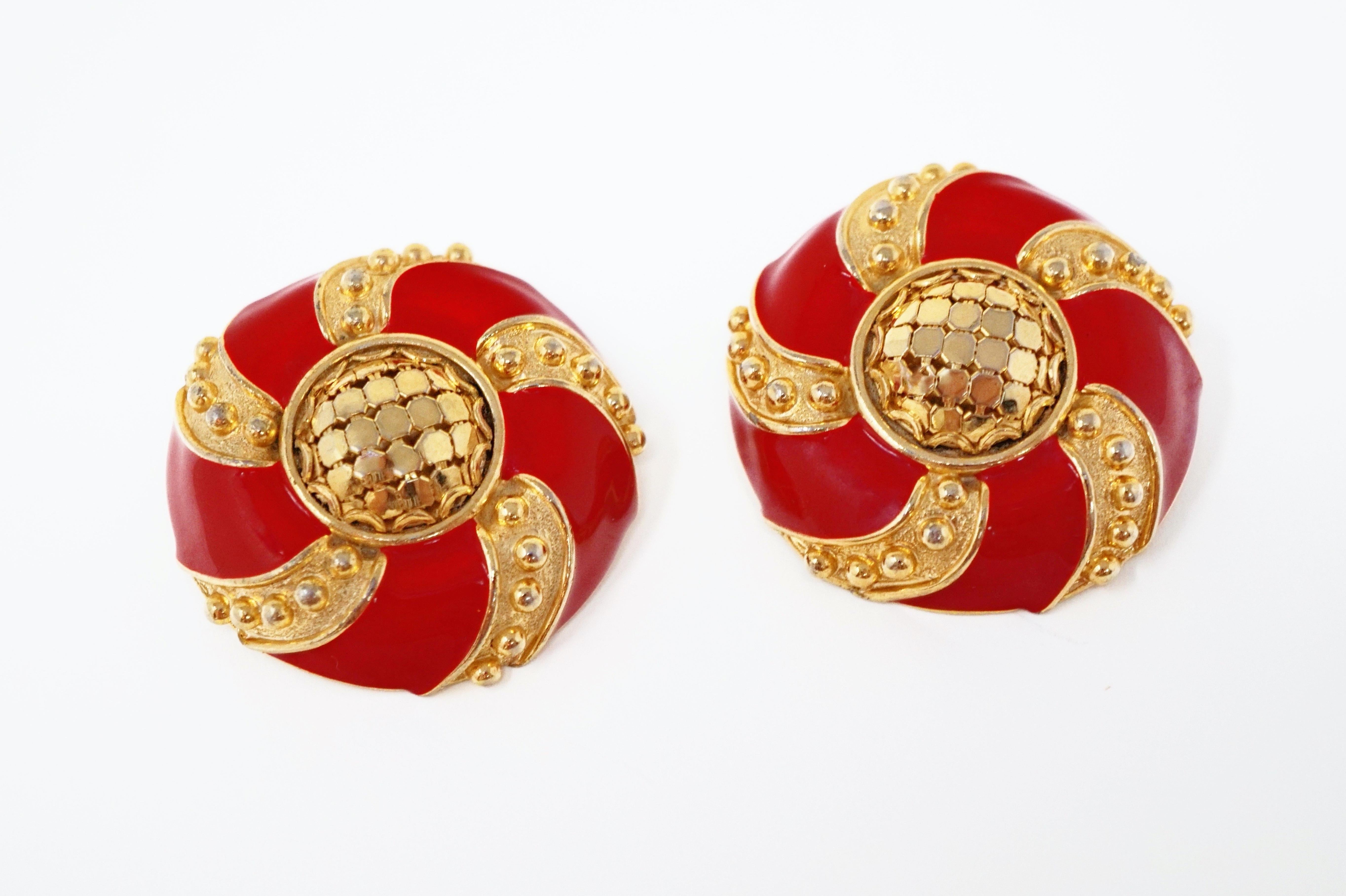 Modern Whiting & Davis Mesh and Candy Apple Red Enamel Statement Earrings, circa 1980s