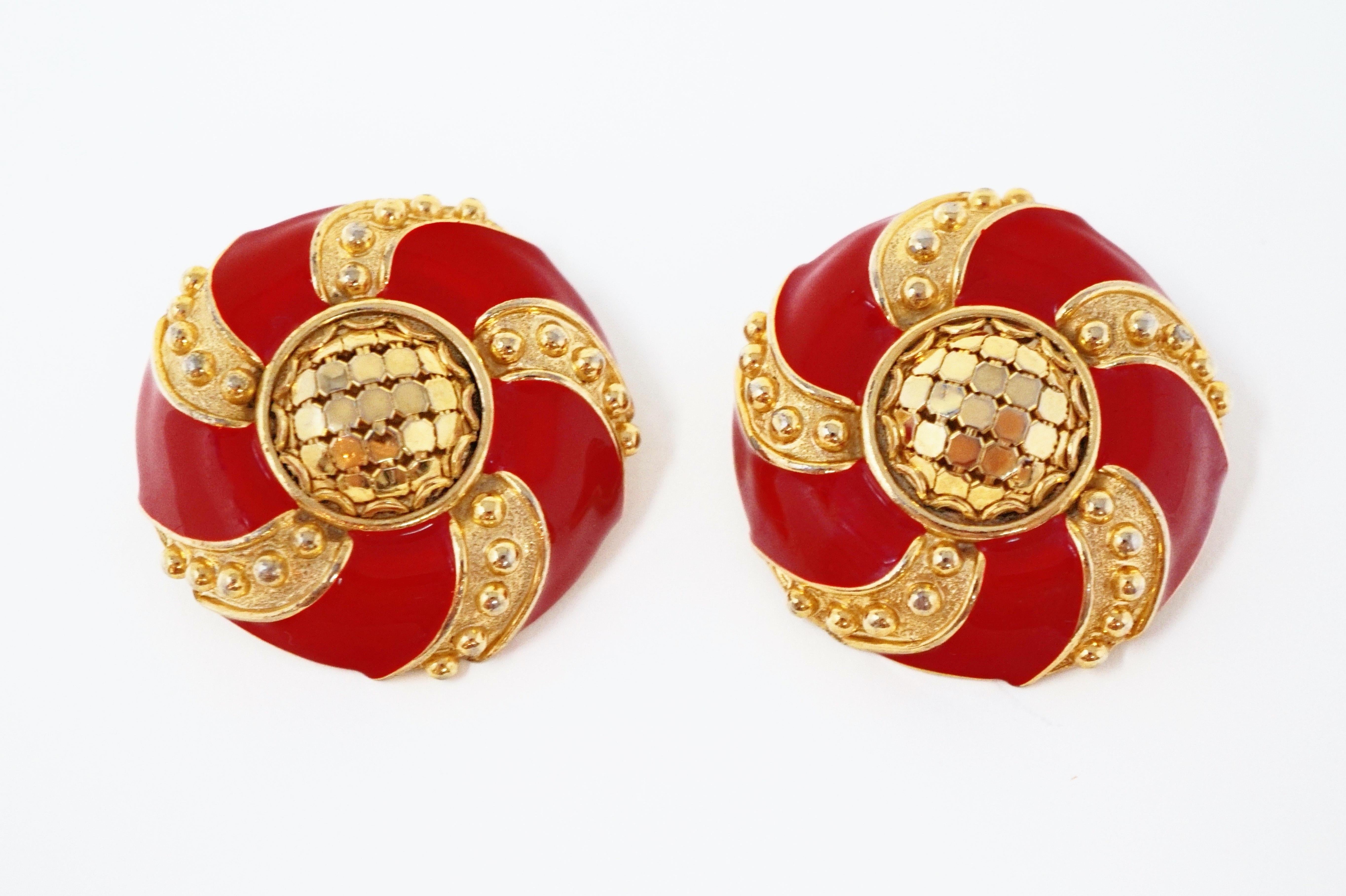 Whiting & Davis Mesh and Candy Apple Red Enamel Statement Earrings, circa 1980s In Good Condition In McKinney, TX