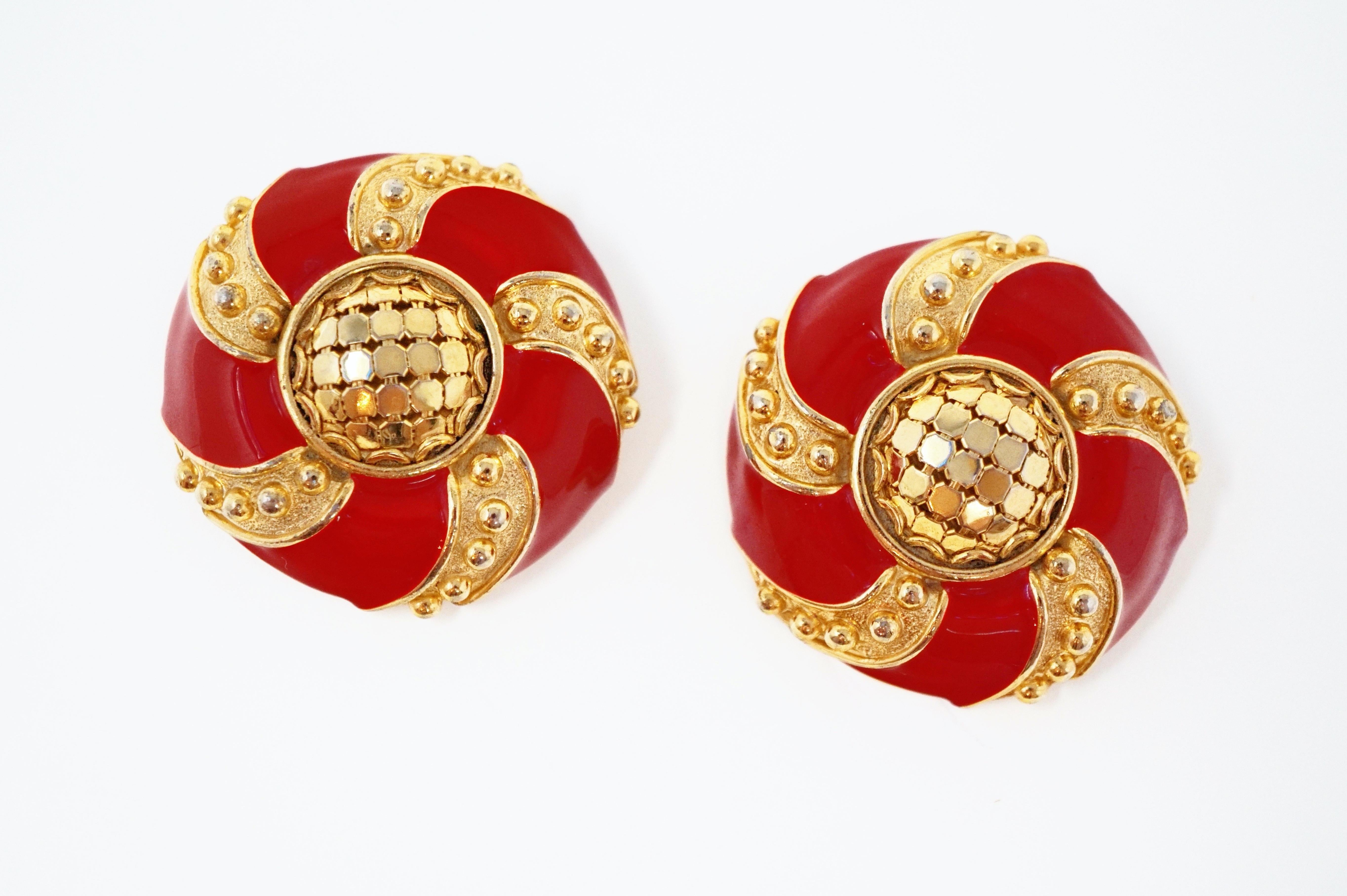 Women's Whiting & Davis Mesh and Candy Apple Red Enamel Statement Earrings, circa 1980s