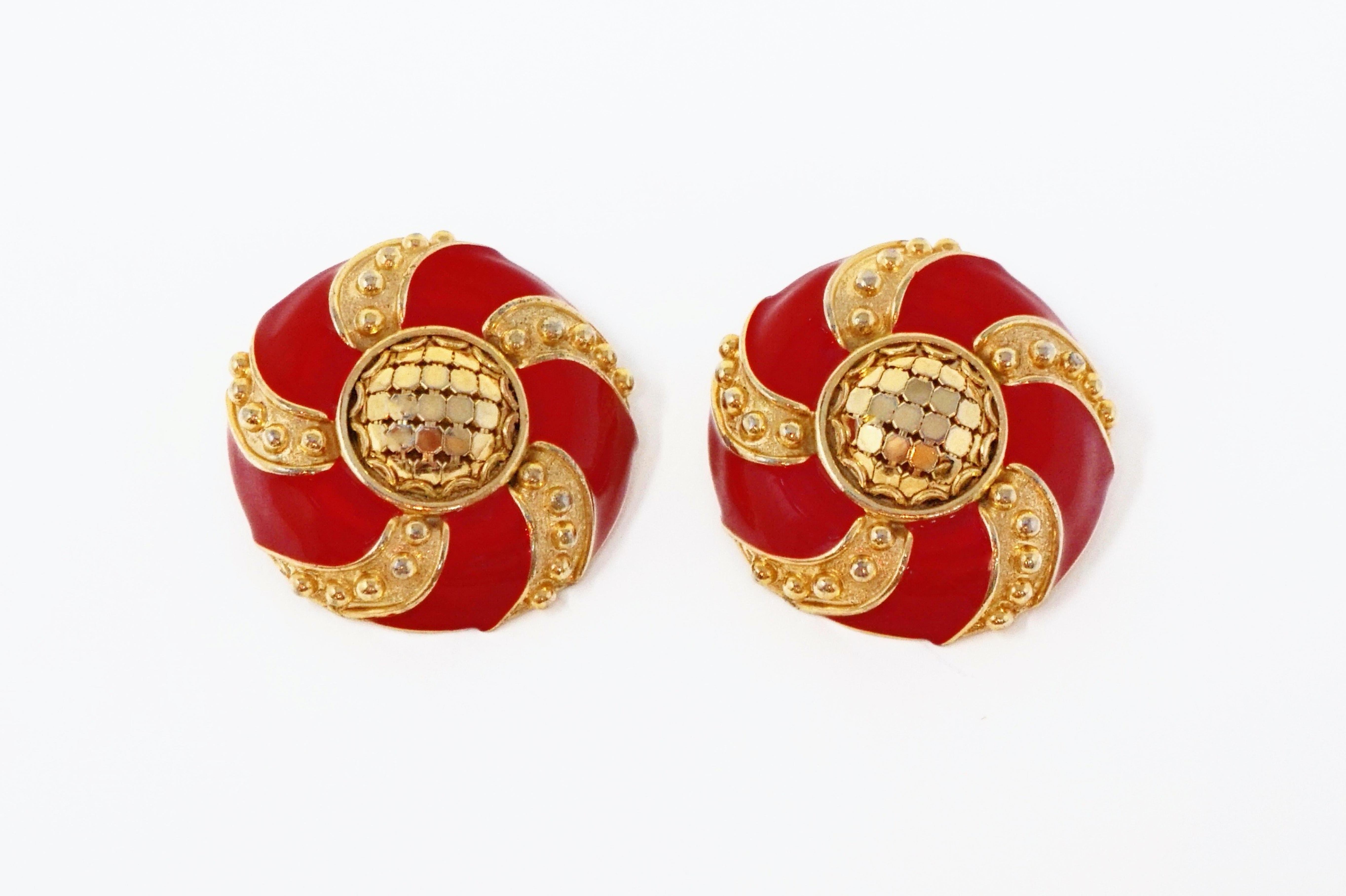 Whiting & Davis Mesh and Candy Apple Red Enamel Statement Earrings, circa 1980s 1