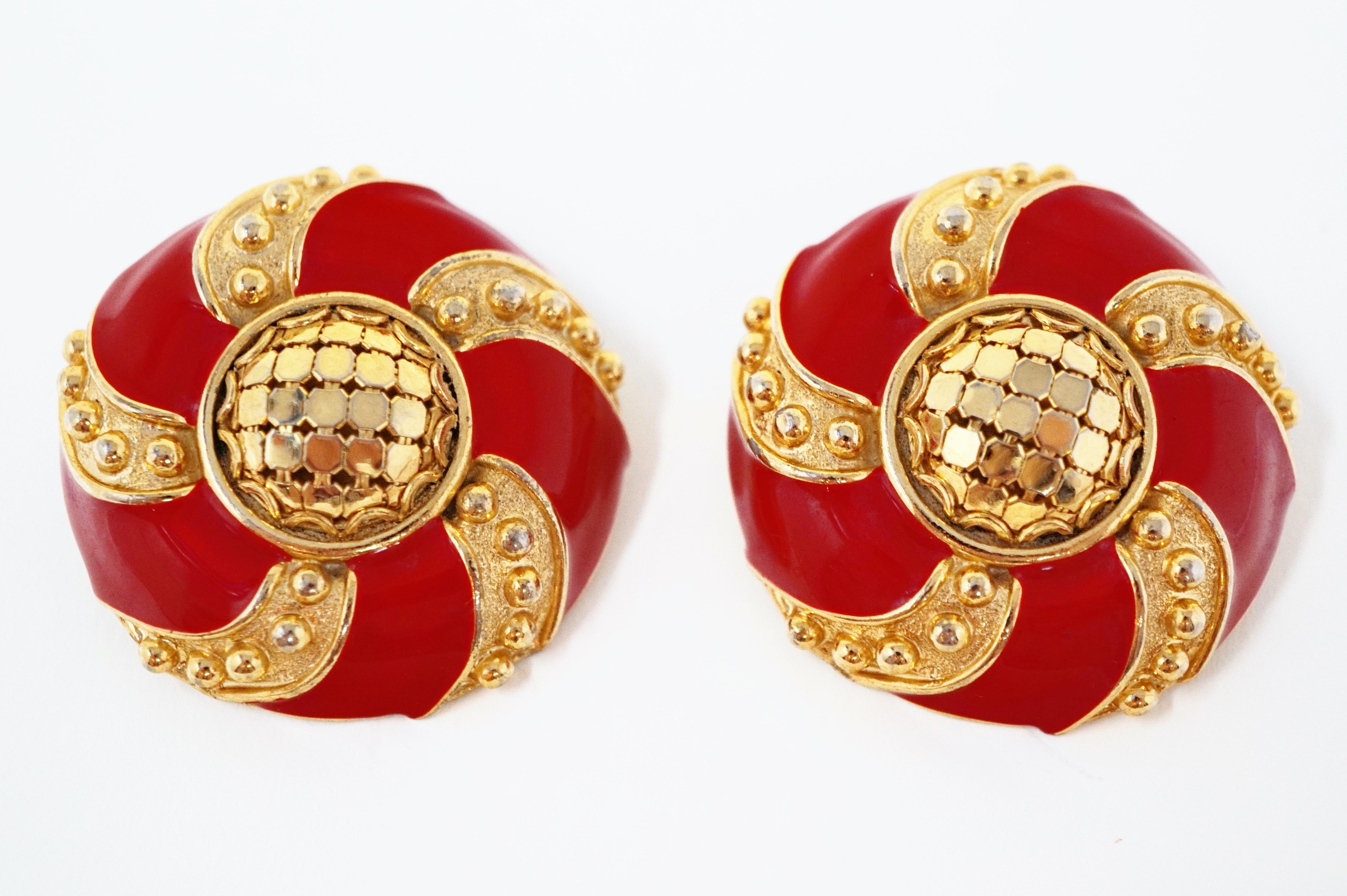 Whiting & Davis Mesh and Candy Apple Red Enamel Statement Earrings, circa 1980s 2