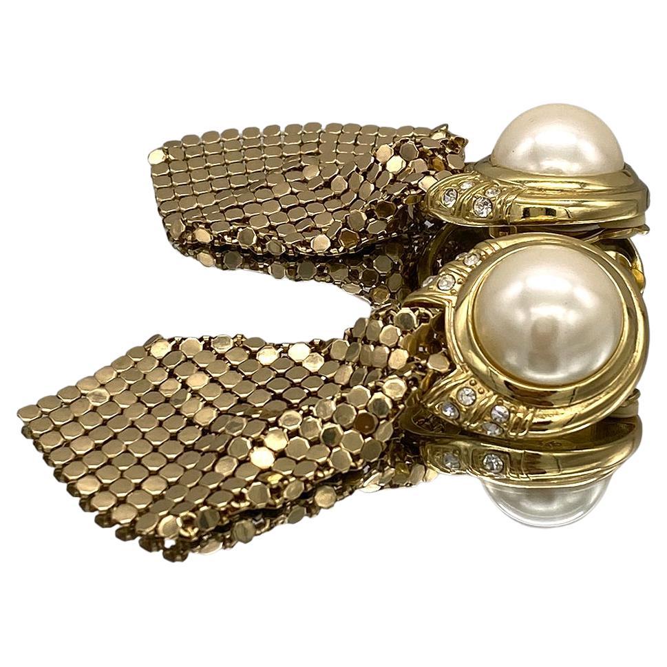 Art Deco Whiting & Davis Mesh w/Pearl Drop Earrings For Sale