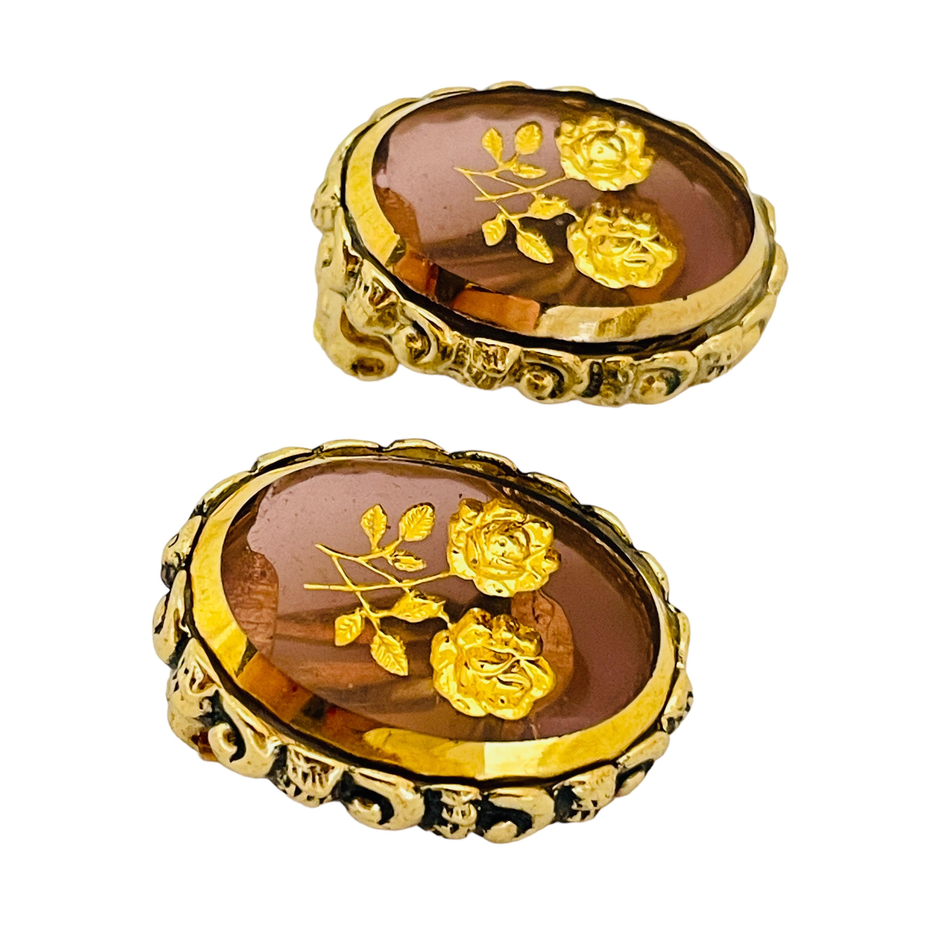 WHITING & DAVIS signed gold glass designer clip on earrings brooch set For Sale 1