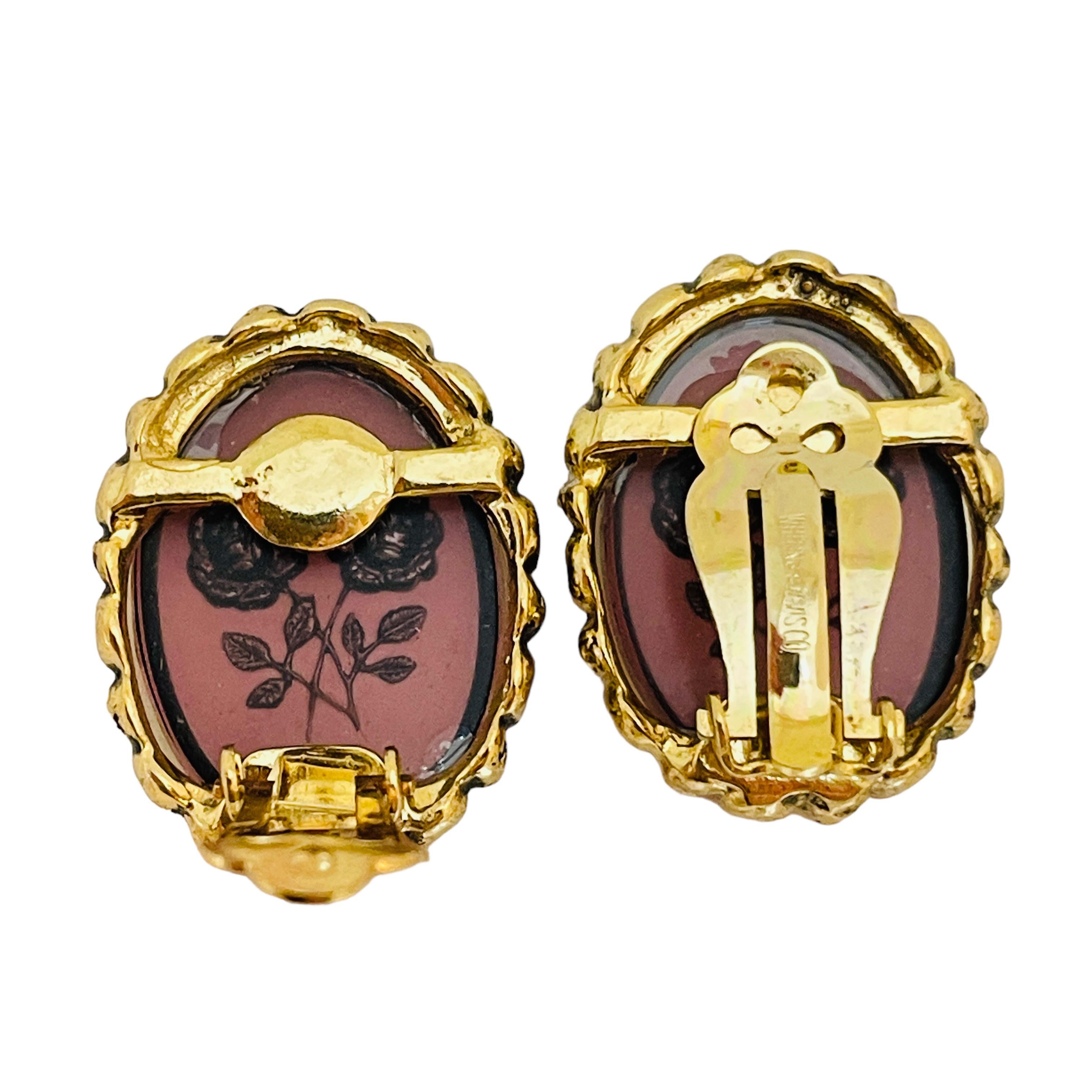 WHITING & DAVIS signed gold glass designer clip on earrings brooch set For Sale 2
