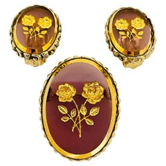 WHITING & DAVIS signed gold glass designer clip on earrings brooch set